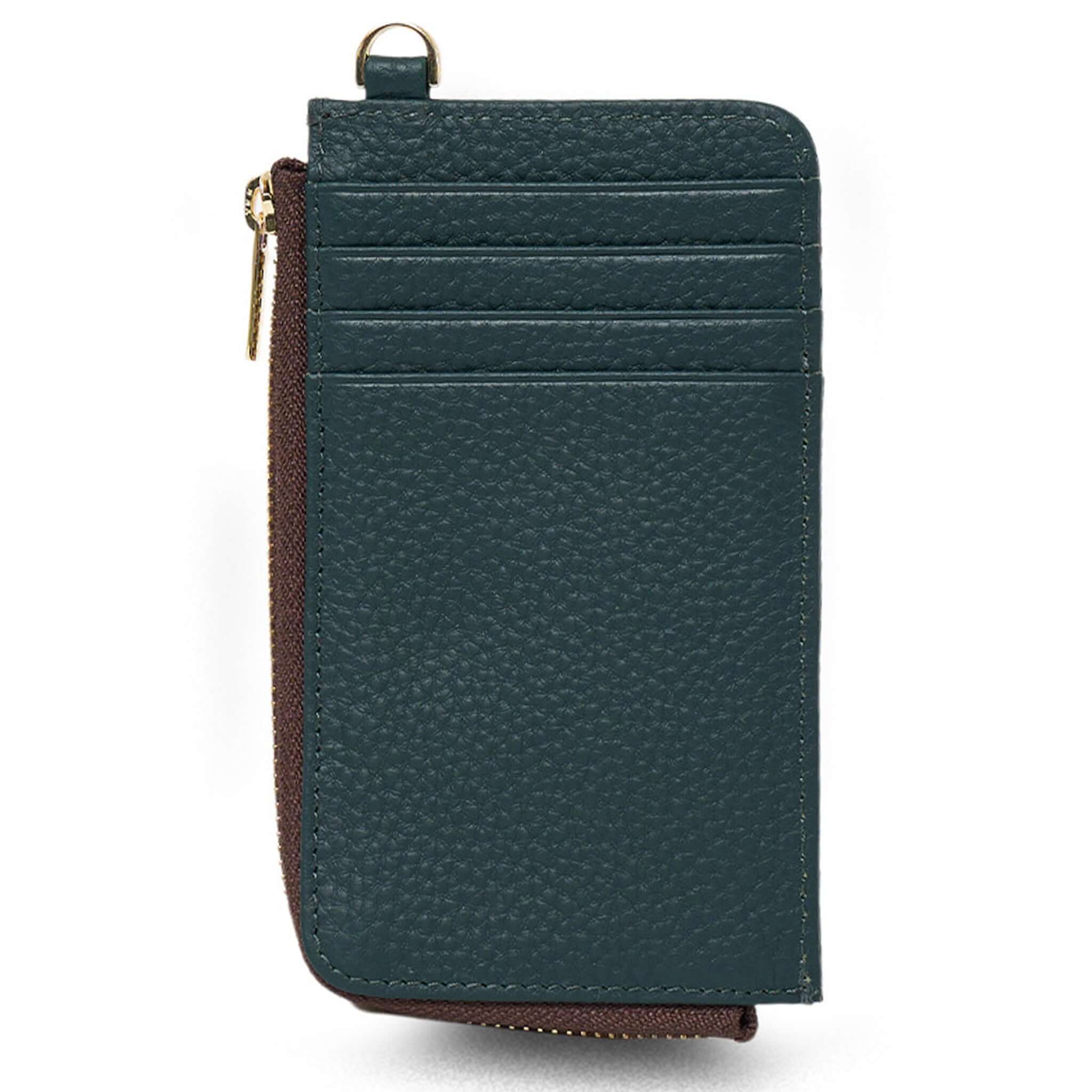 Alt Tag: Saben Winona Card Holder - Hunter Green textured leather wallet with 8 card slots and zip coin compartment