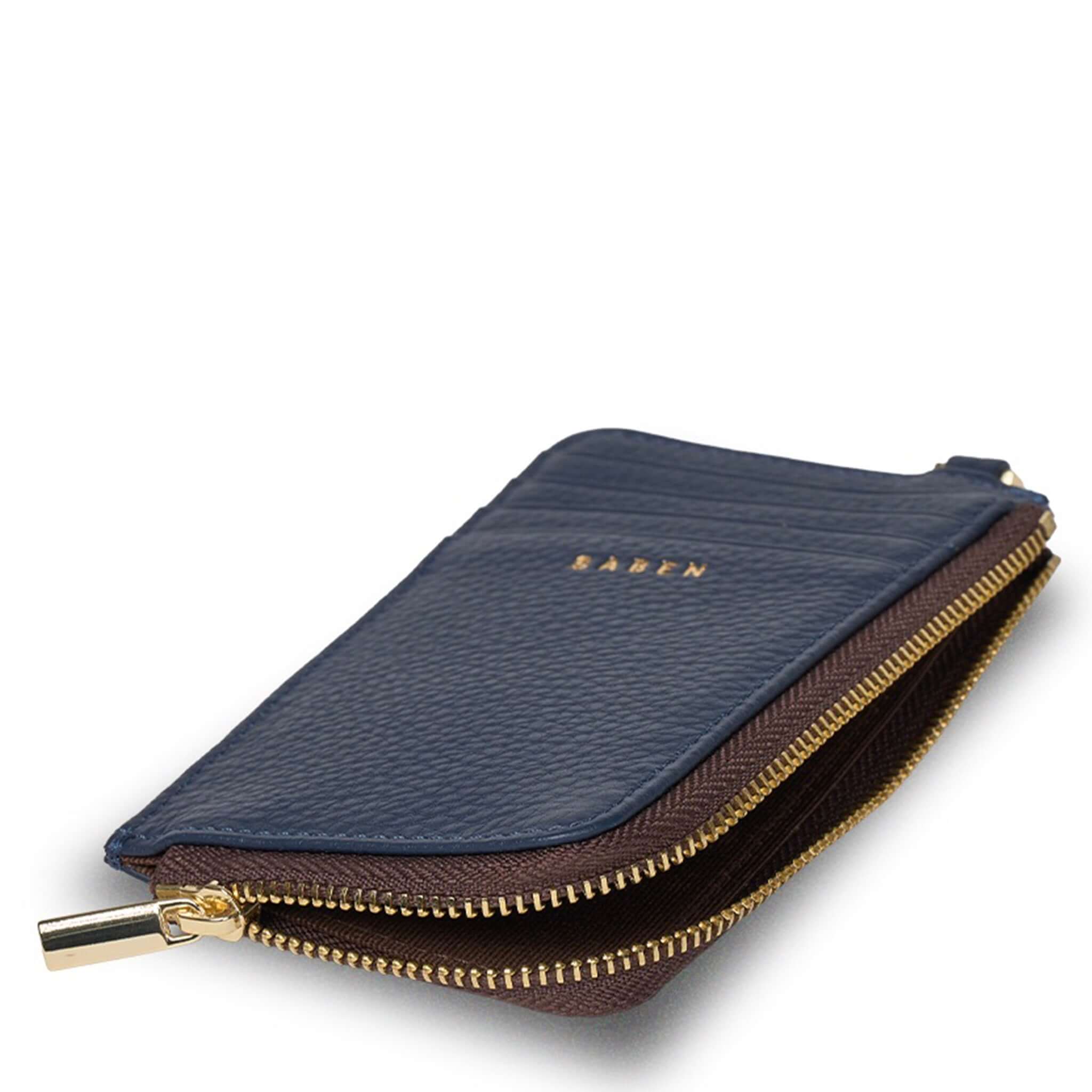 Saben Winona Card Holder - Ink in premium textured leather with gold zip, ideal for organizing cards and coins.