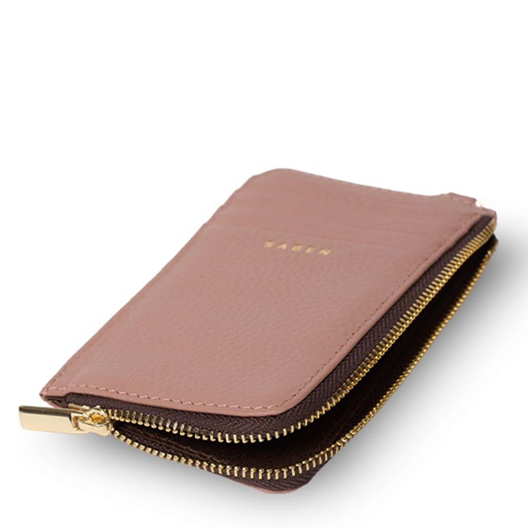 Saben Winona Card Holder - Rosewater in premium textured leather with gold zipper, showing card slots and zip compartment.