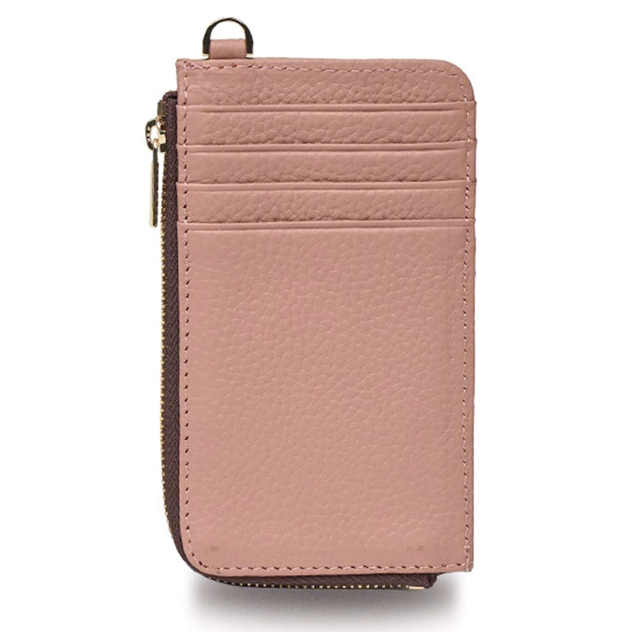 Saben Winona Card Holder - Rosewater, a pink leather wallet with card slots and zip compartment.