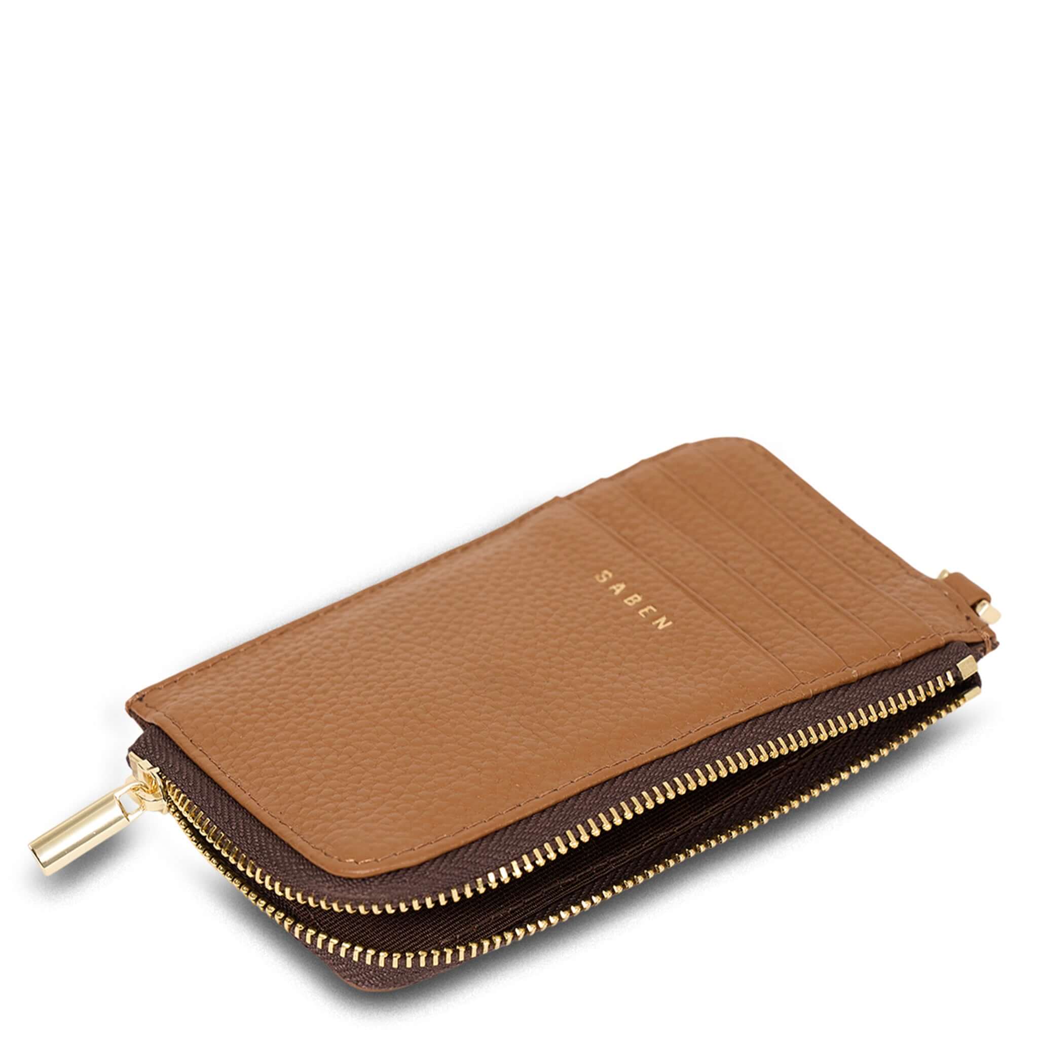 Alt Tag: Saben Winona Card Holder - Toffee textured leather wallet with 8 card slots and secure zip coin compartment