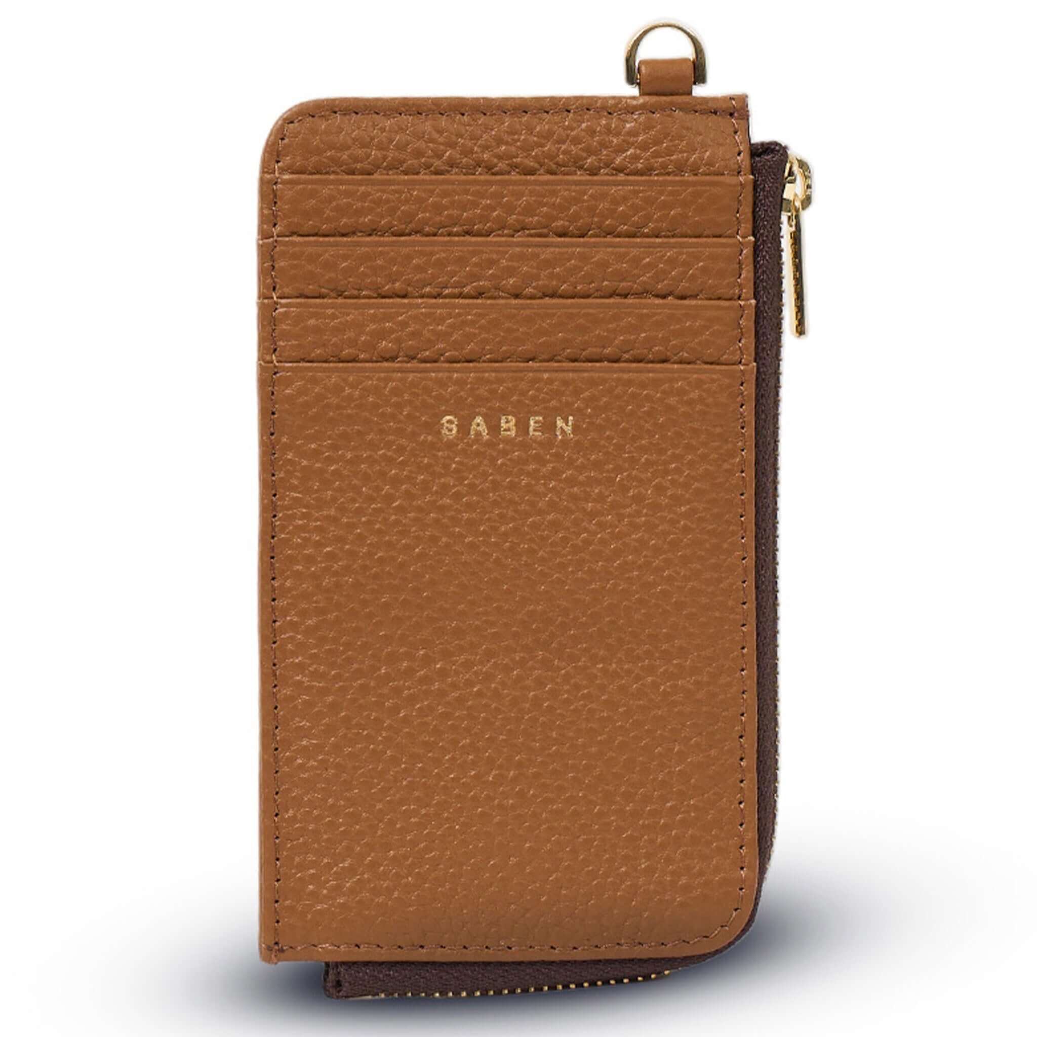 Alt Tag: Saben Winona Card Holder - Toffee textured leather card holder wallet with 8 card slots and zip coin compartment, front view