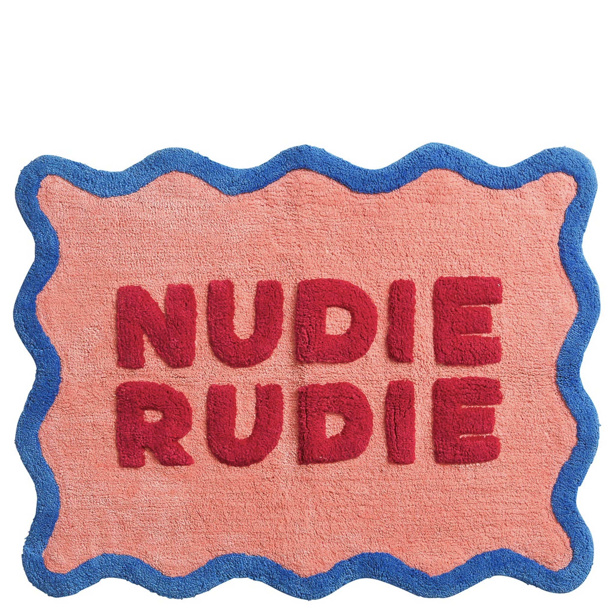 Bath mat with 'NUDIE RUDIE' text on a pink background