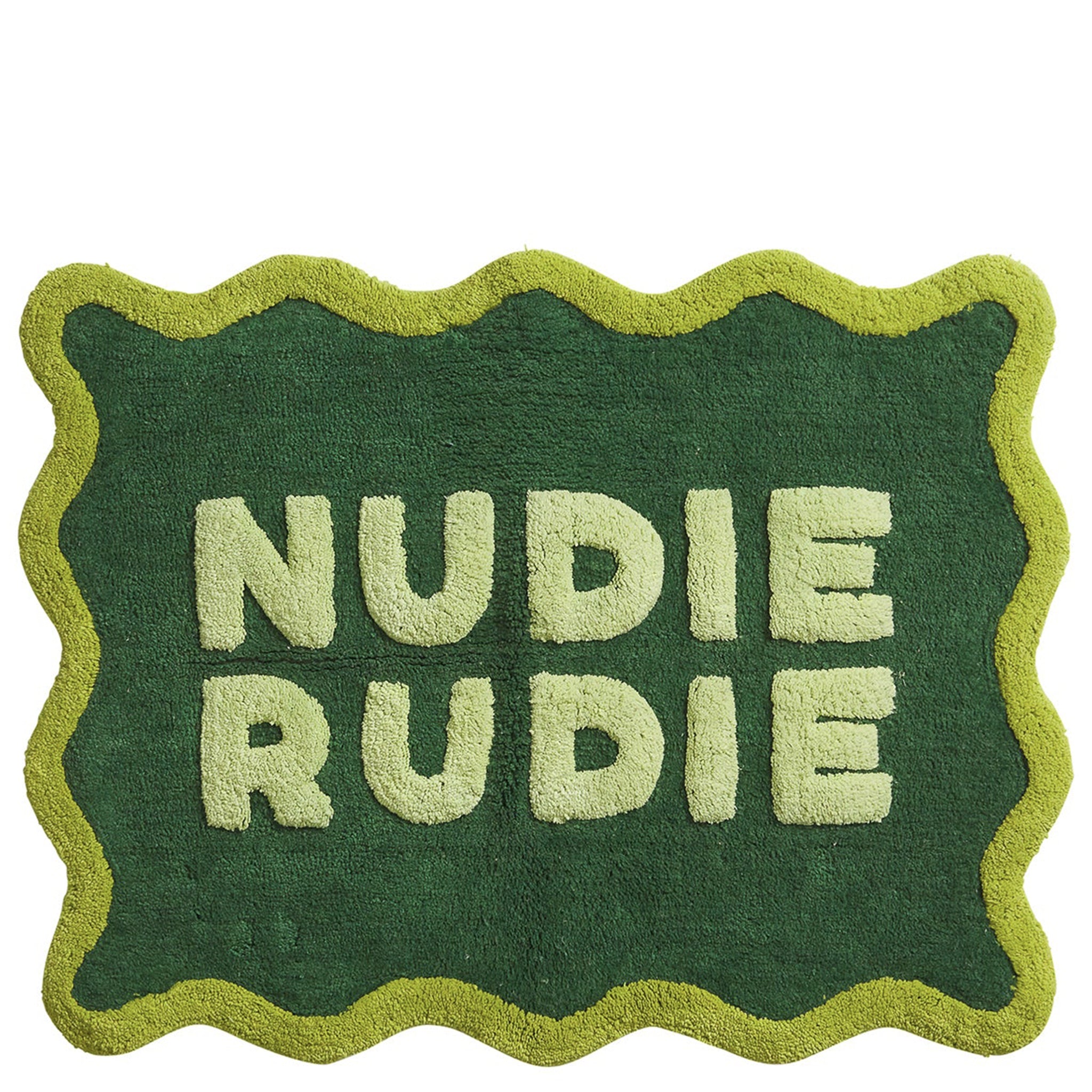 Green bath mat with 'Nudie Rudie' text on a white background