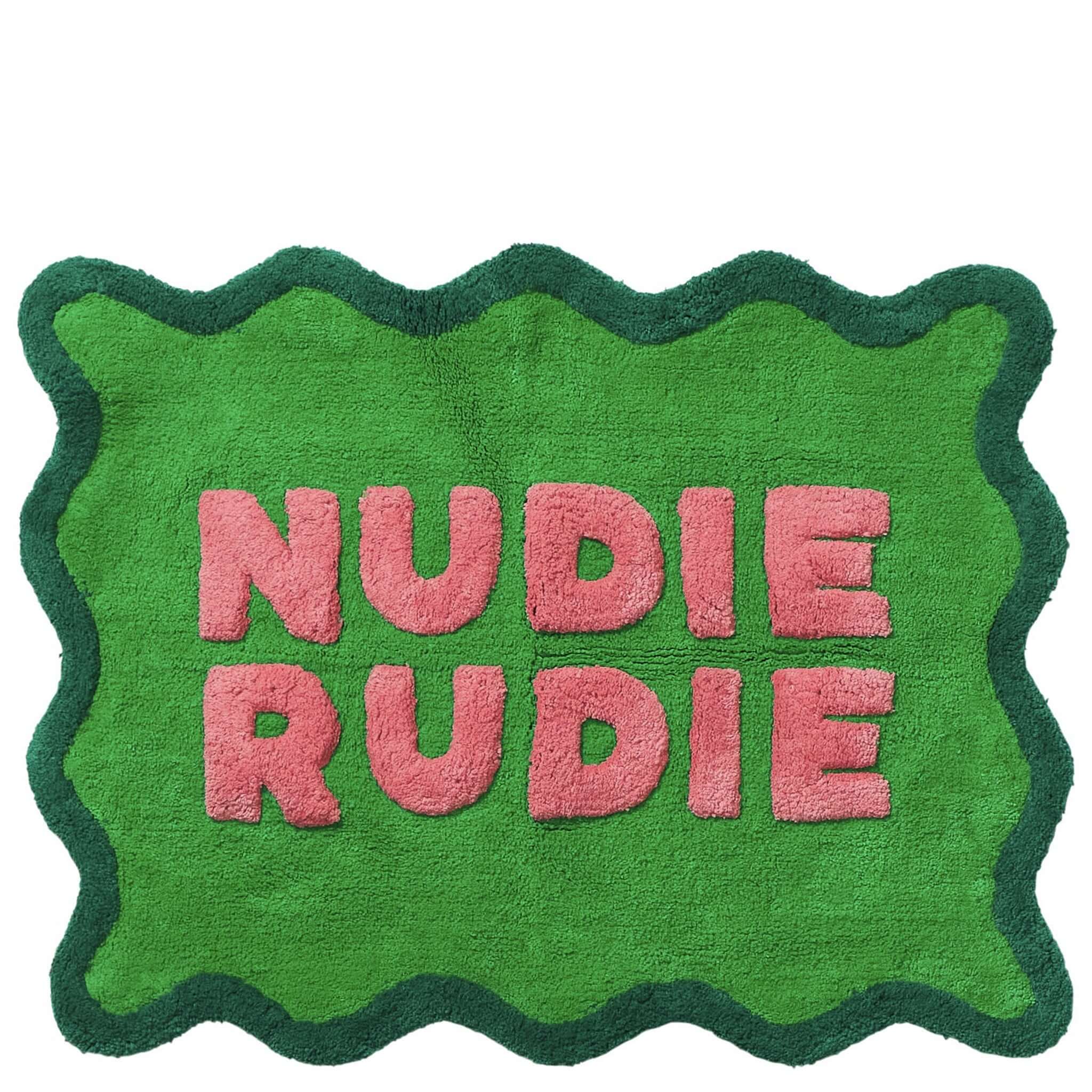 Sage x Clare Amalie Nudie Bath Mat - Spring Green, plush and vibrant bath mat with playful text design.