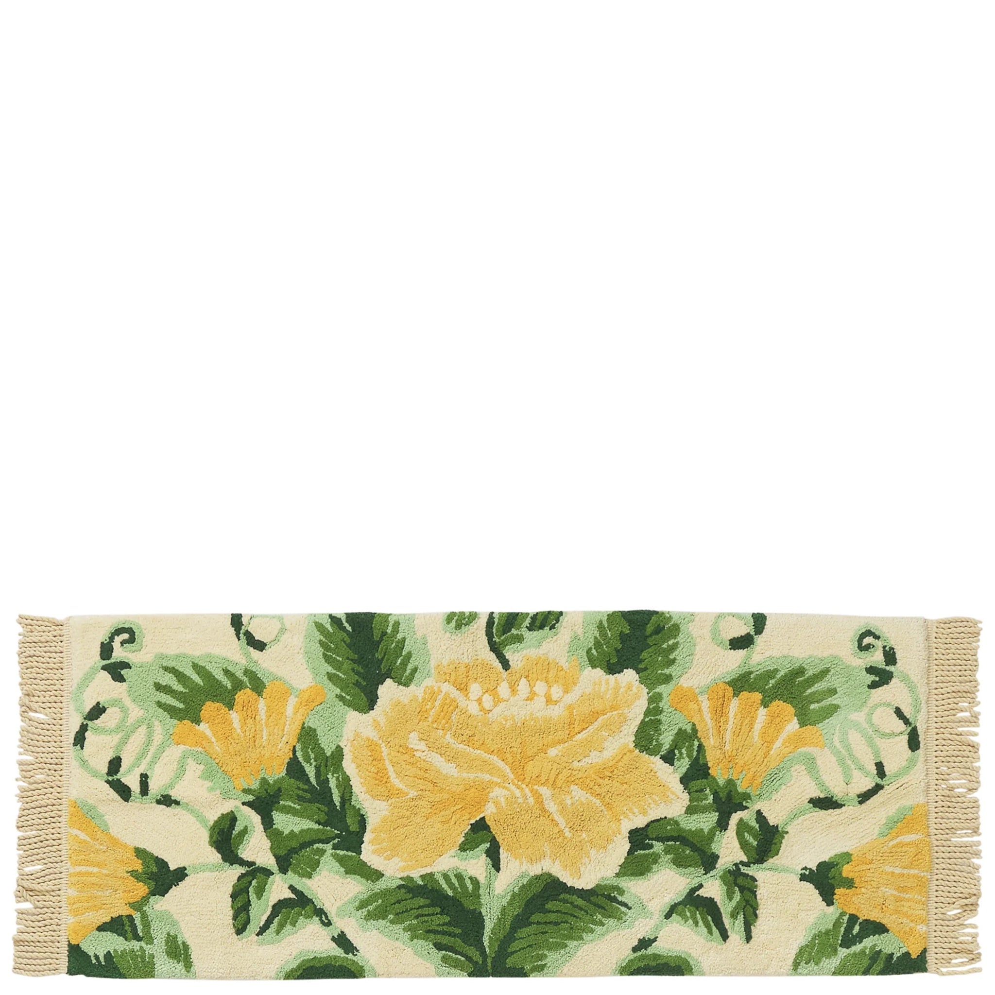 Floral patterned bath mat with yellow flowers and green leaves on a white background