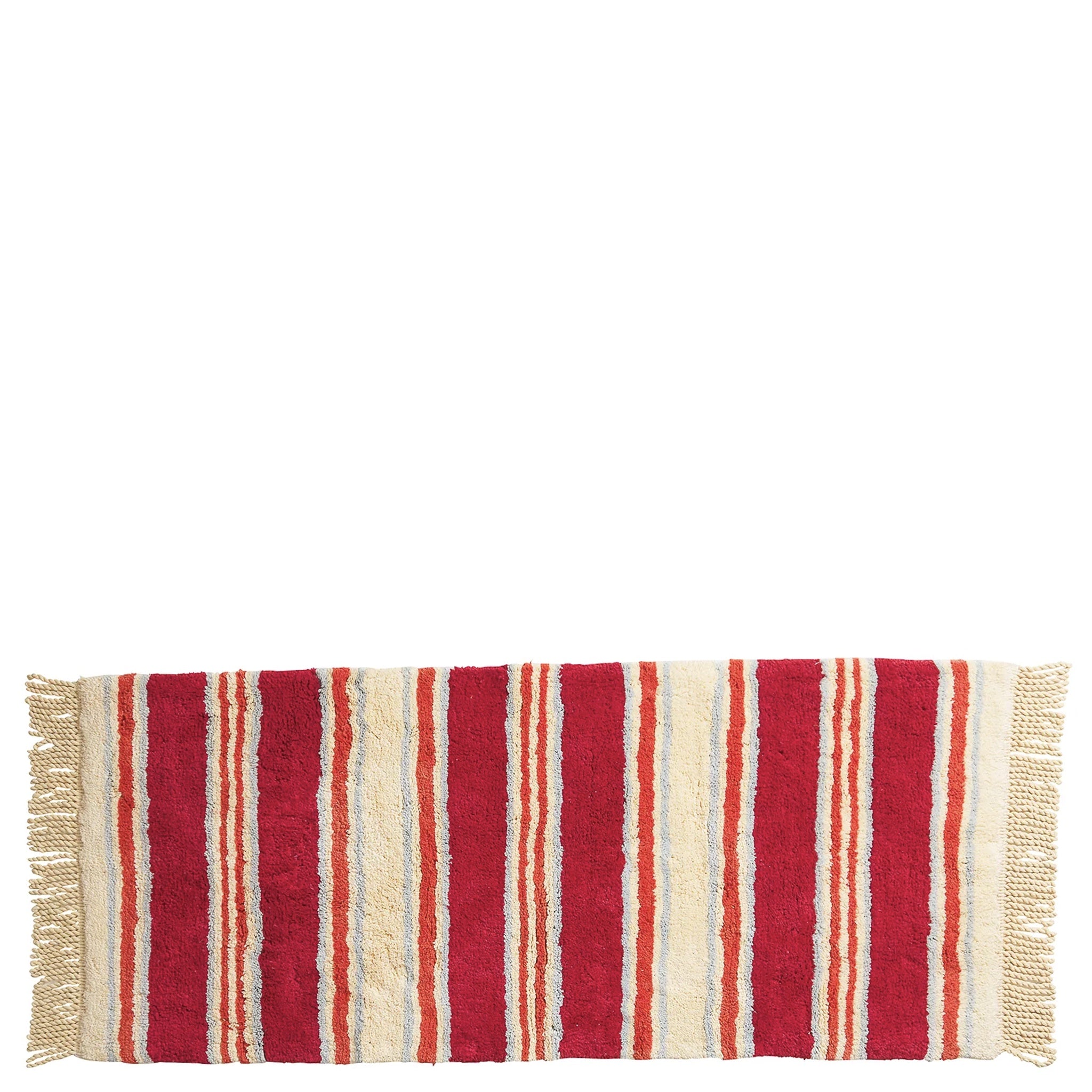 Striped red and beige bath mat with fringes on a white background