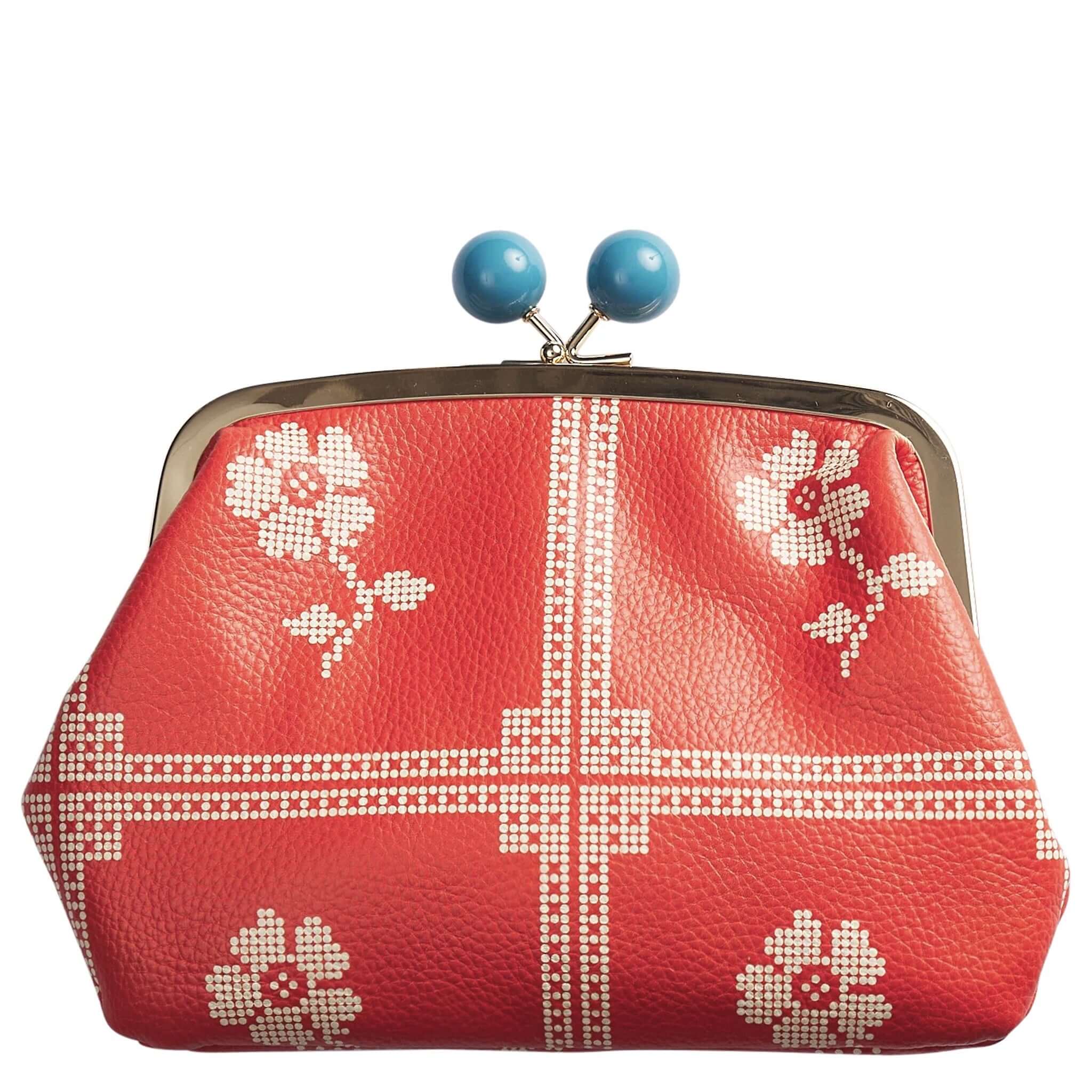 Sage x Clare Bonny Large Purse - Poppy with cream floral print and teal bobble clasp.