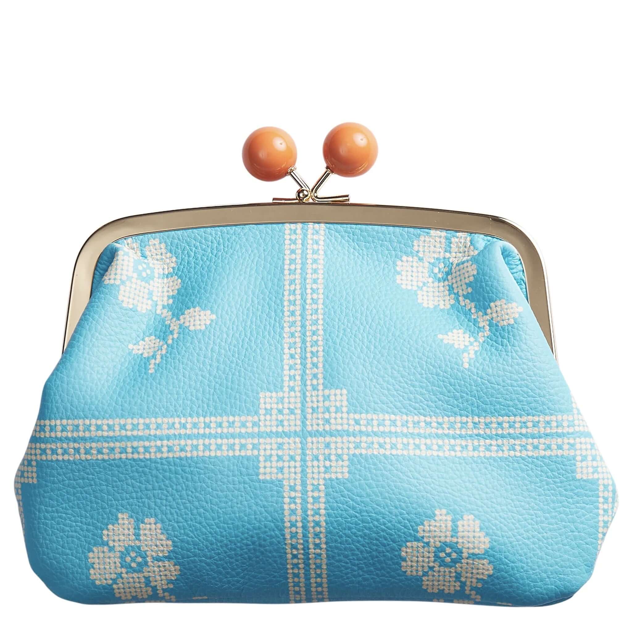 Sage x Clare Bonny Large Purse - Turquoise with floral print and coral bobble clasp.