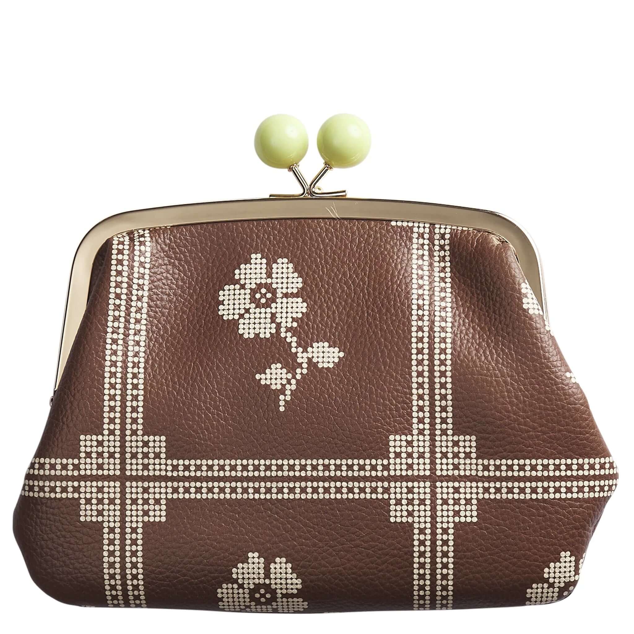 Sage x Clare Bonny Large Purse - Umber with cream print and green bobble clasp.