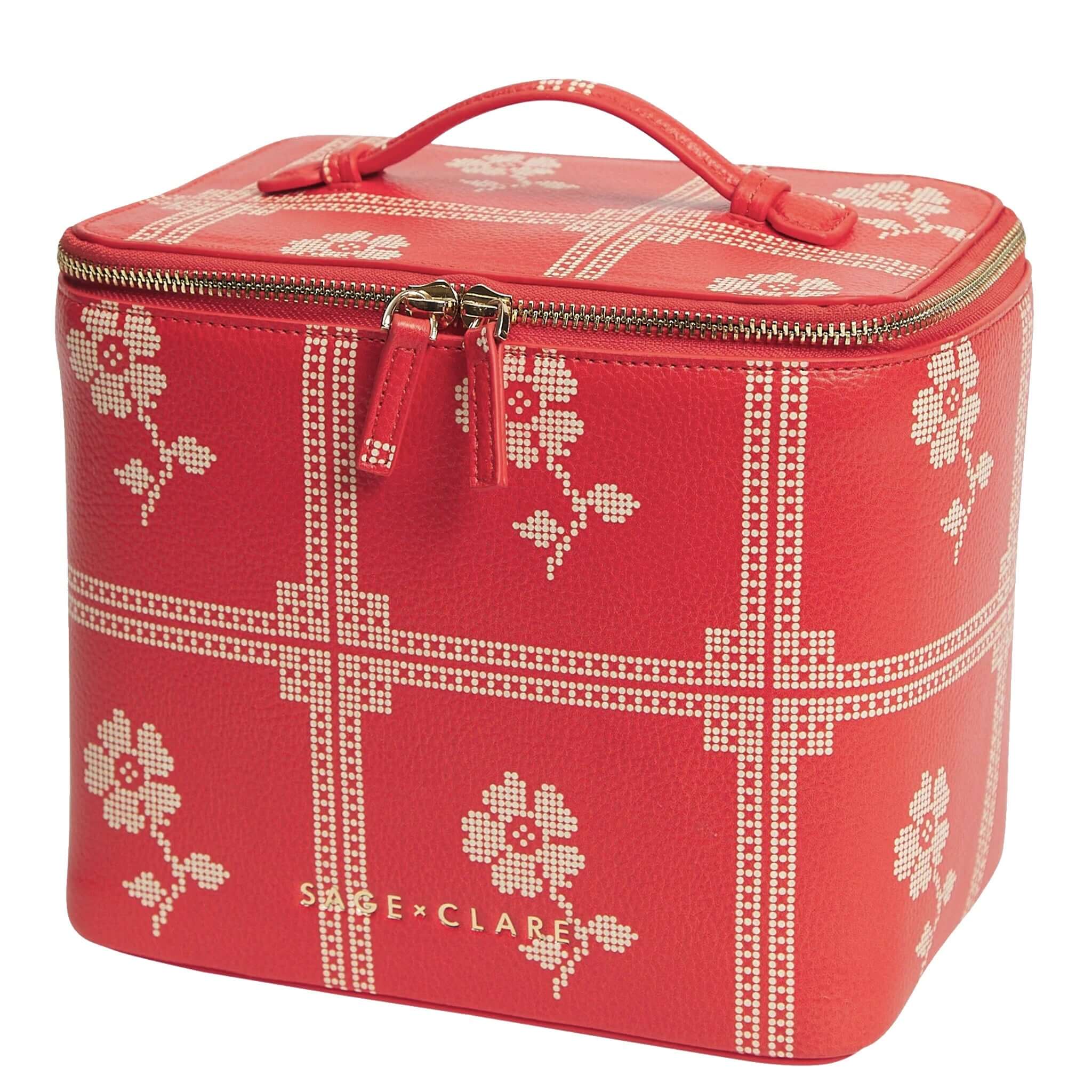 Sage x Clare Bonny Medium Vanity Case - Poppy with cream cross-stitch print and gold zip hardware.