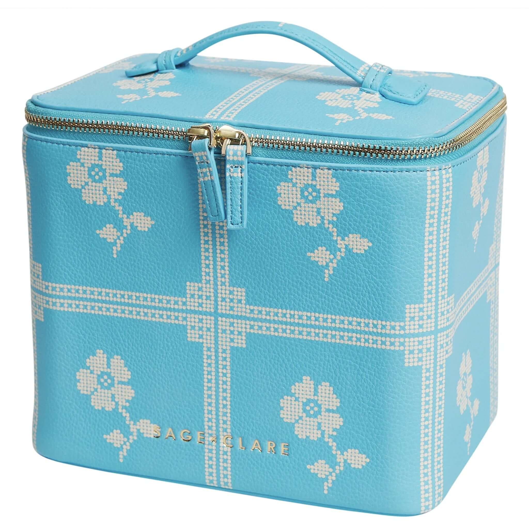 Sage x Clare Bonny Medium Vanity Case - Turquoise with cream floral print and gold hardware.