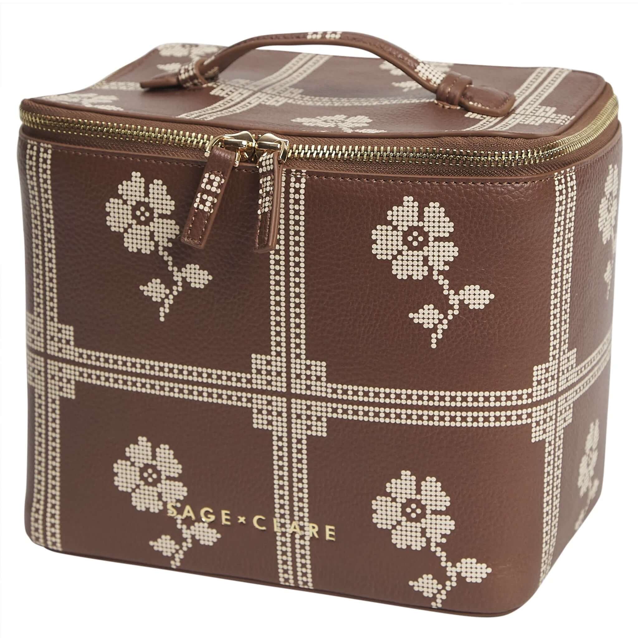 Sage x Clare Bonny Medium Vanity Case - Umber with cream floral design and gold zip hardware.