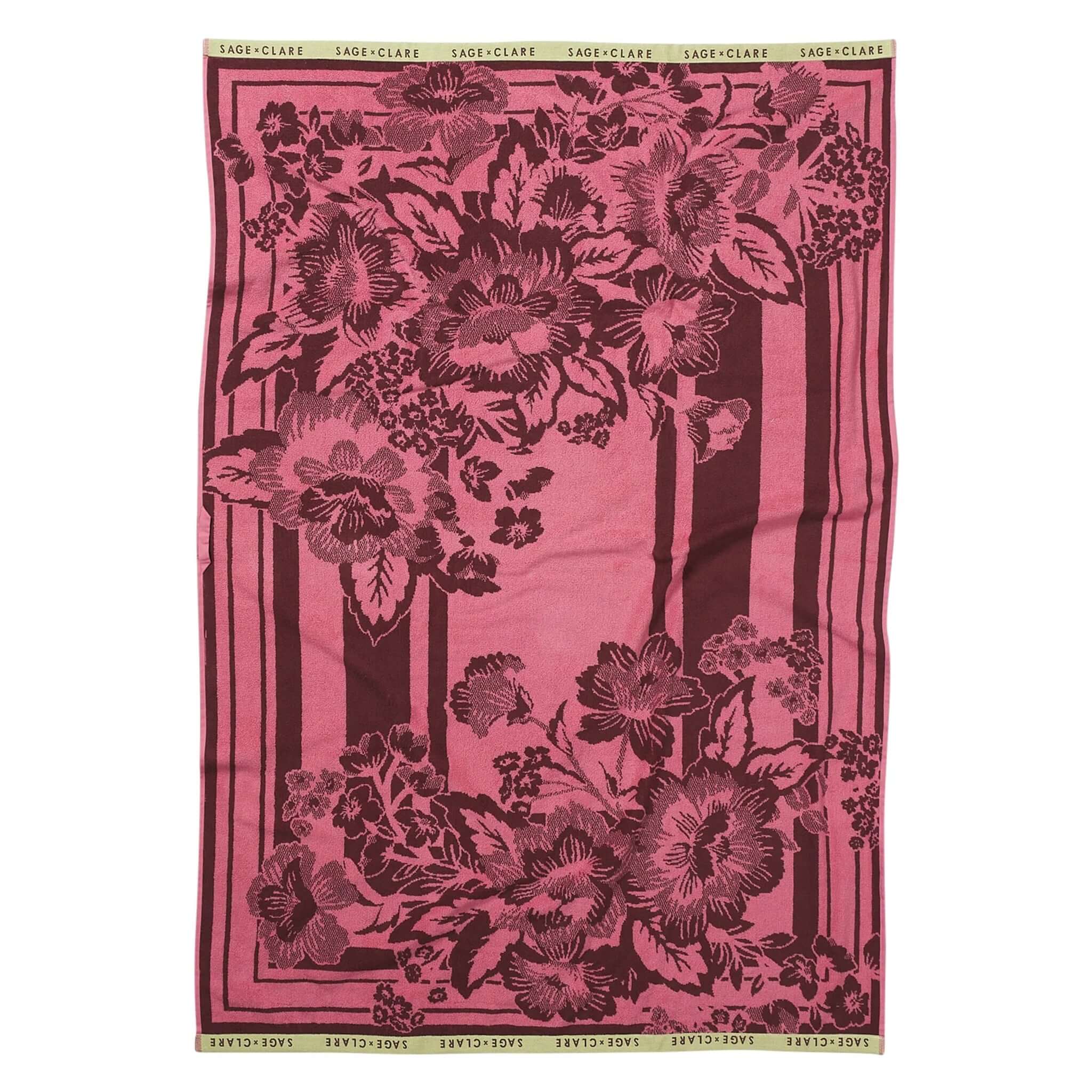 Alt Tag: Sage x Clare Eliza Bath Sheet - Primrose floral bath sheet, soft organic cotton terry towel in primrose pink with bold blooms