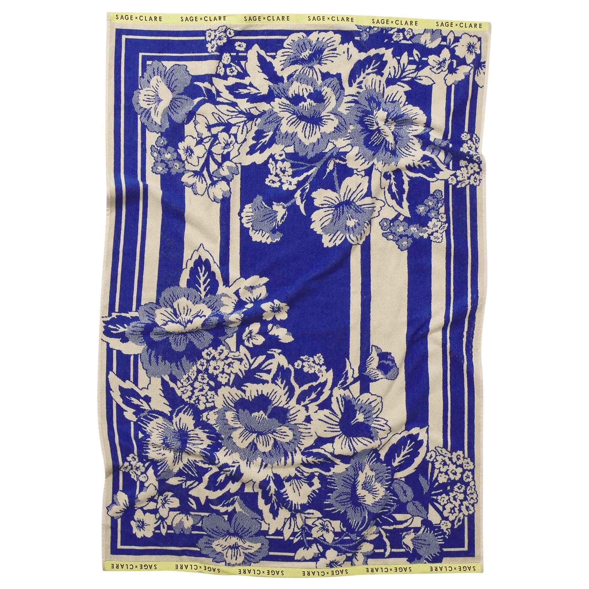Alt Tag: Sage x Clare Eliza Bath Sheet - Ultramarine ultramarine floral organic cotton terry bath sheet with bold stripes