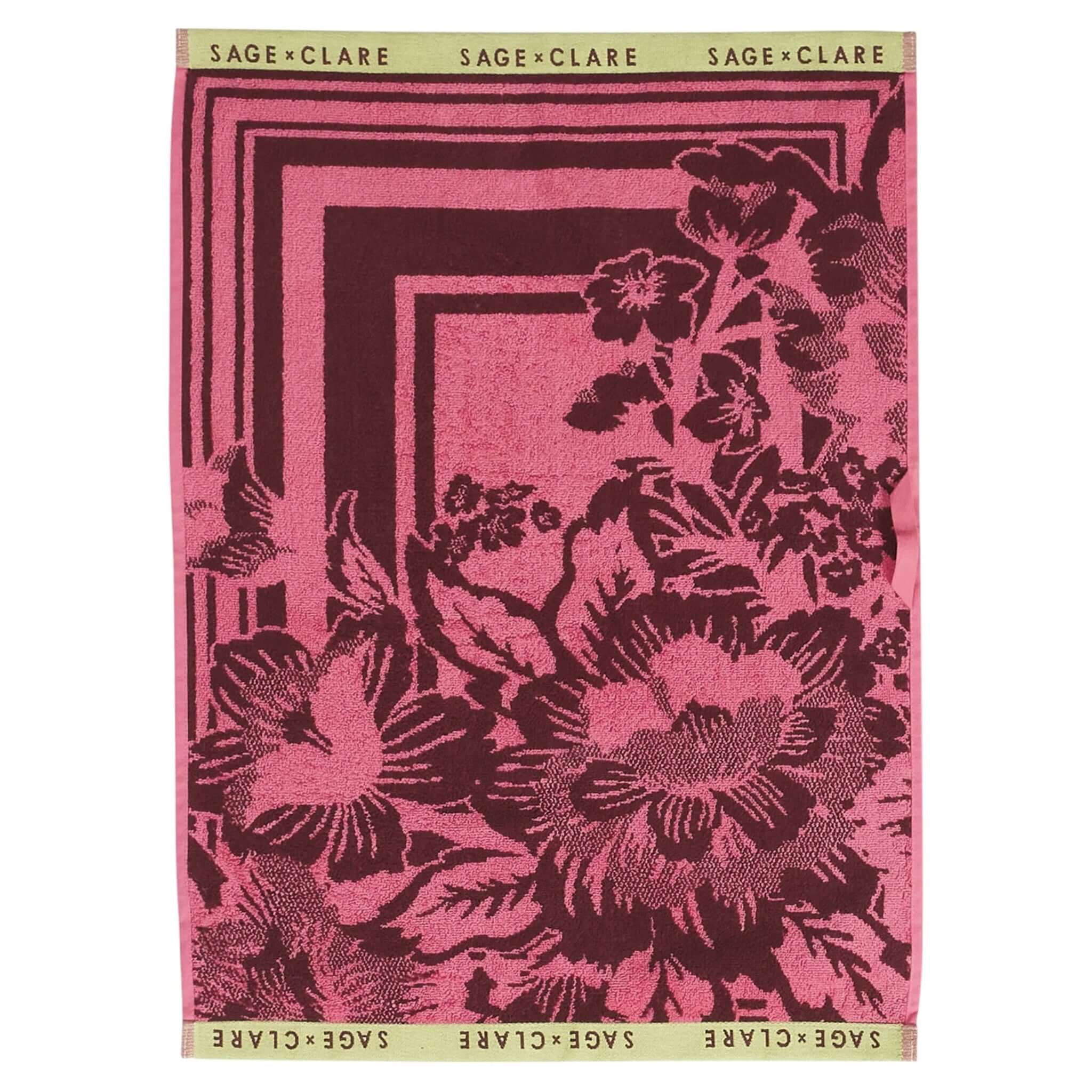 Alt Tag: Sage x Clare Eliza Hand Towel - Primrose pink organic cotton terry hand towel with bold floral pattern and woven trim