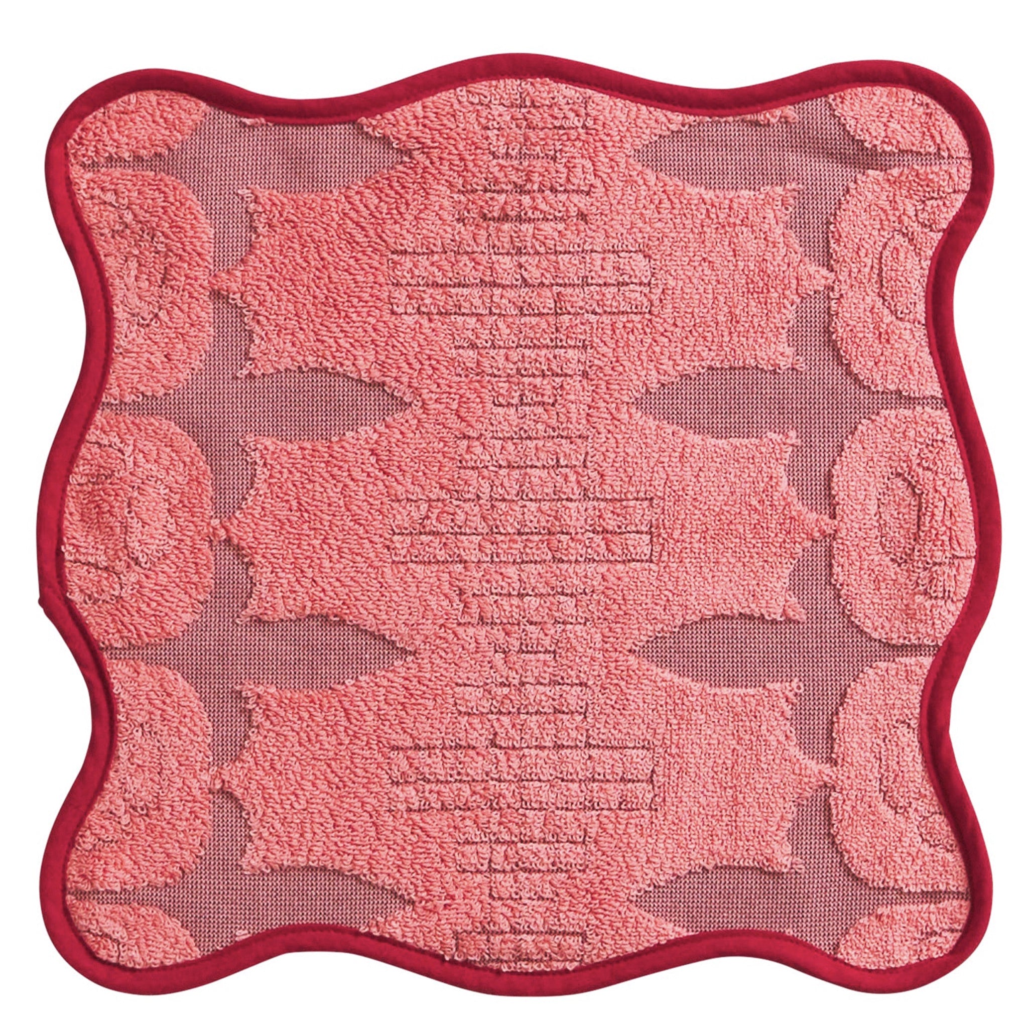 Pink textured wash cloth with red border on a white background