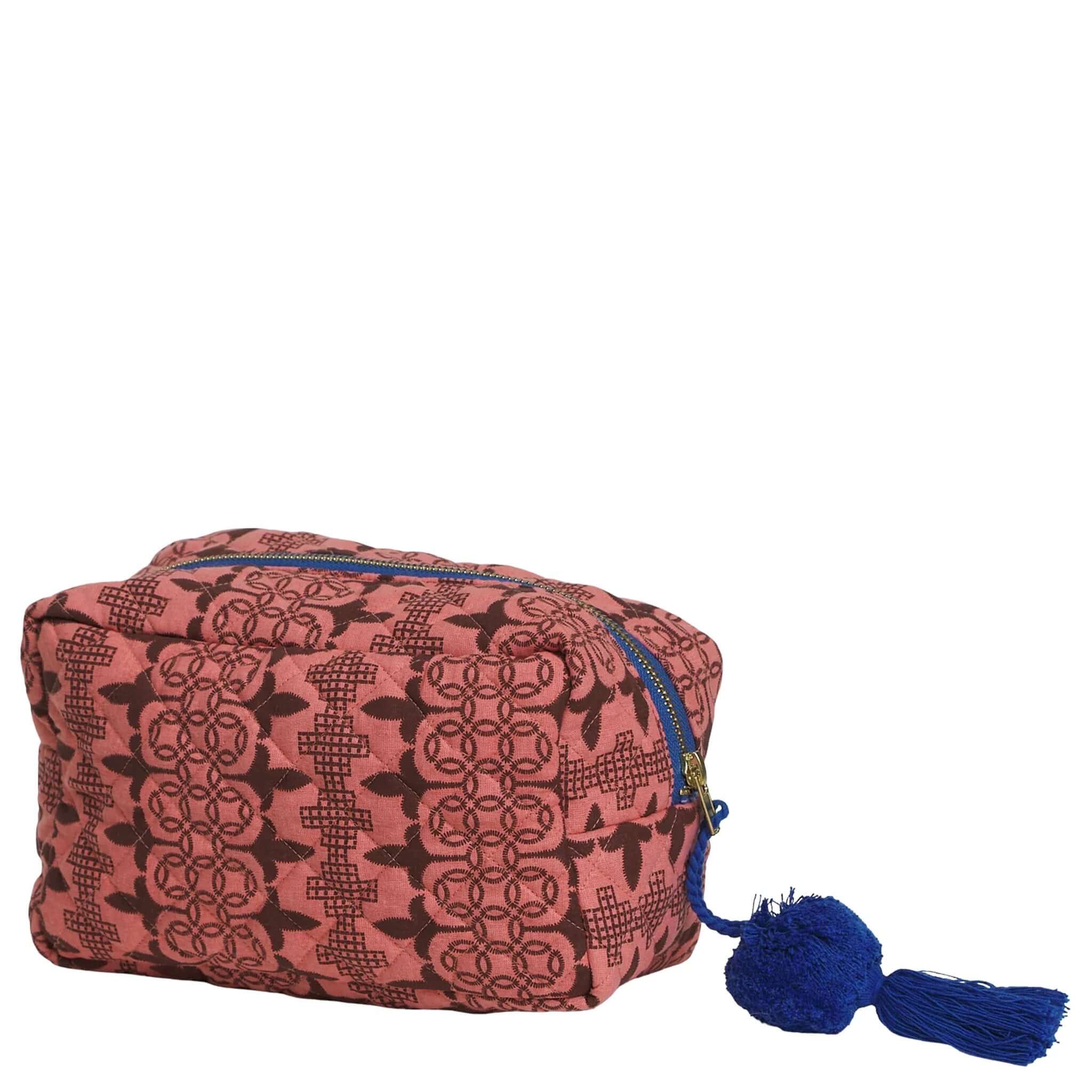 Alt Tag: Sage x Clare Esme Organic Cotton Beauty Bag quilted pink floral travel toiletry bag with zipper and blue tassel