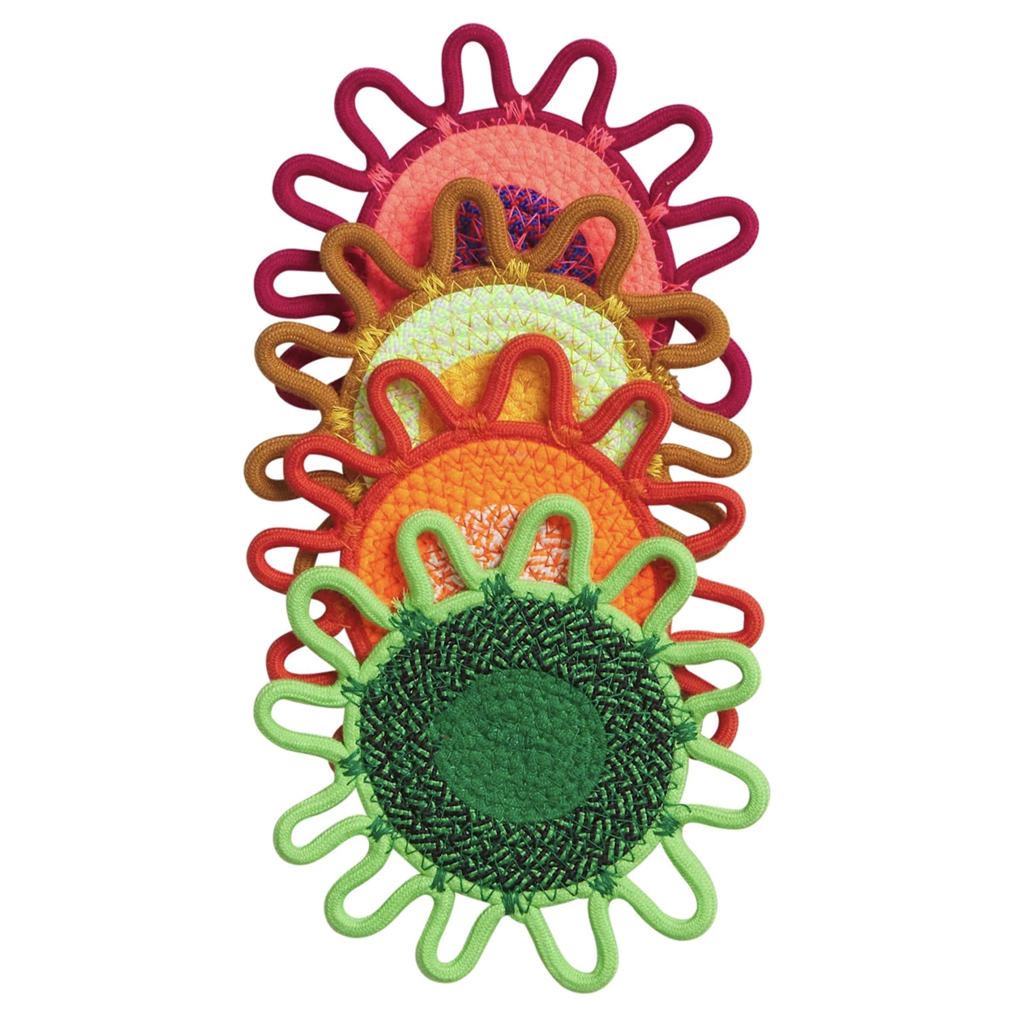 Colorful embroidered flower coasters with a white background