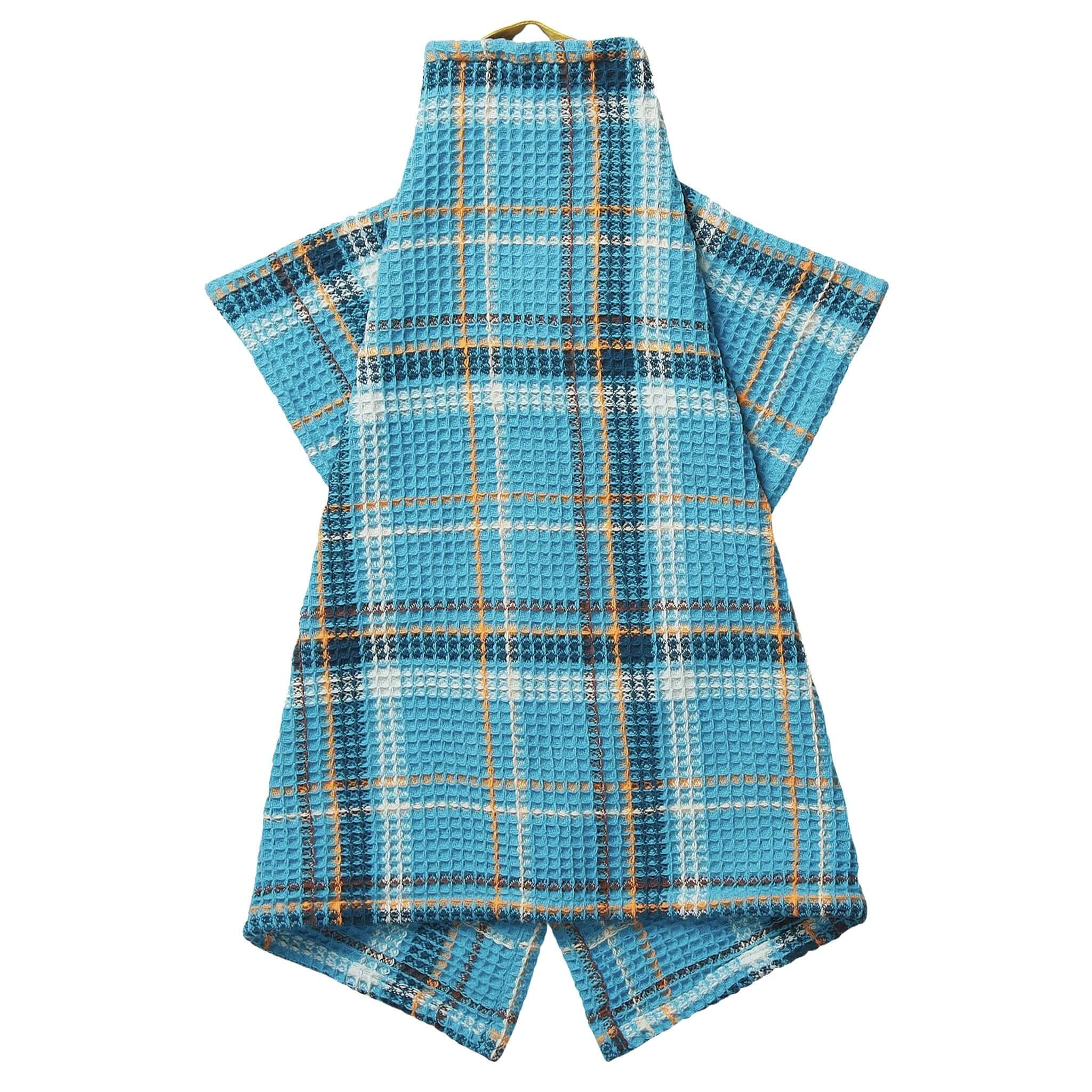 Sage x Clare Frances Organic Cotton Waffle Tea Towel - Turquoise in bright turquoise plaid with teal, white and marigold checks.
