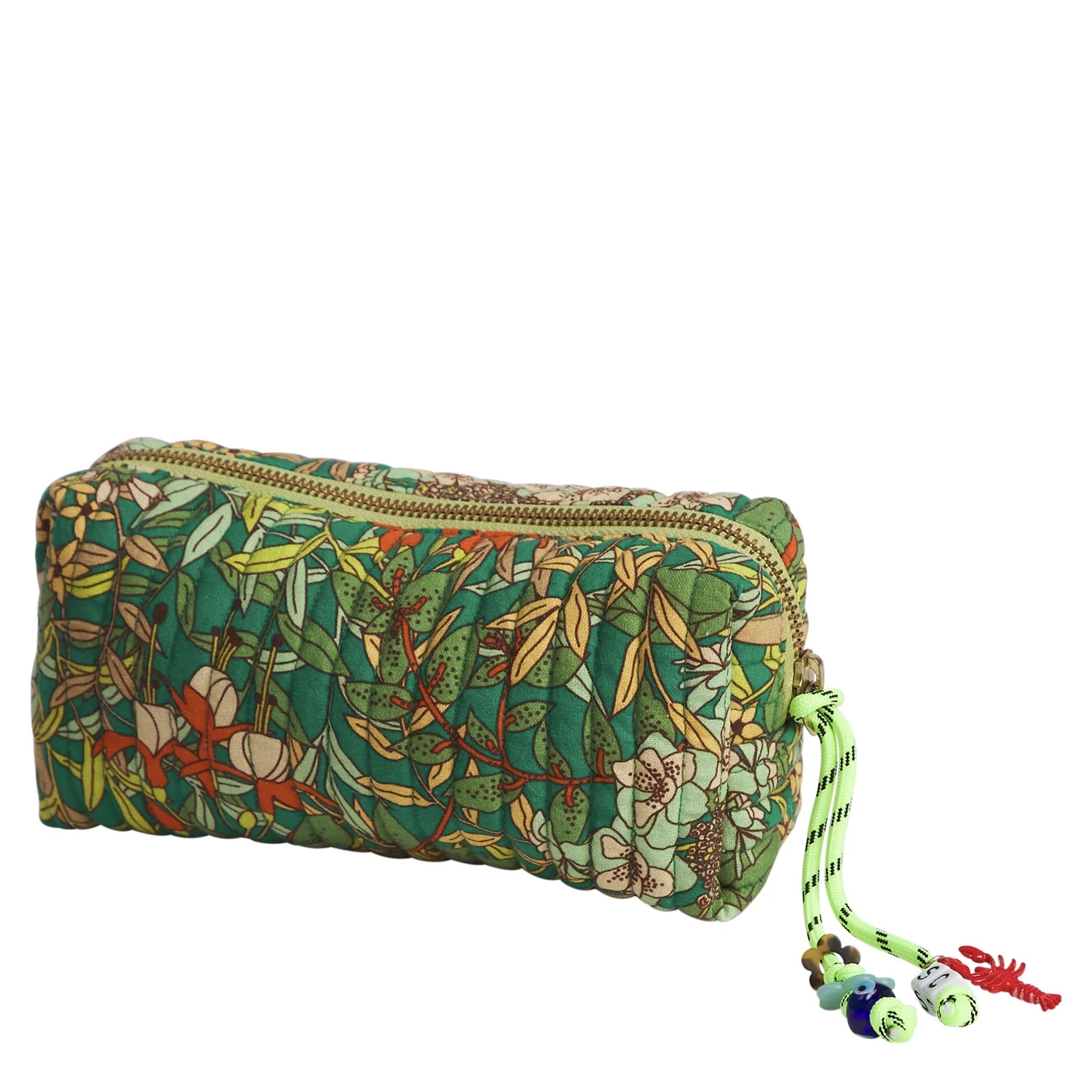 Multicolored patterned pouch with a drawstring on a white background