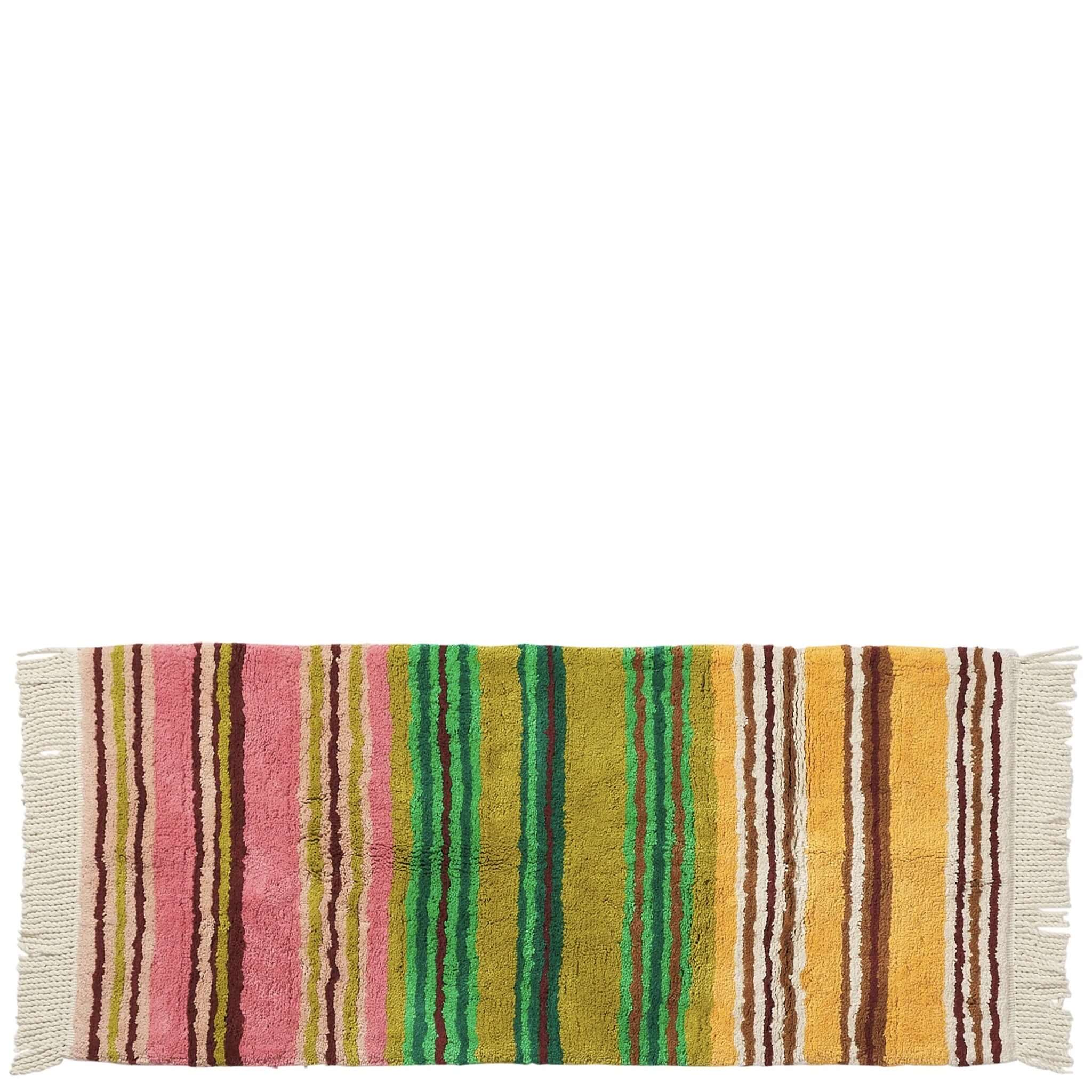 Sage x Clare Nicolette Bath Runner in vibrant multicolour stripes of pink, green, olive, yellow, and orange.