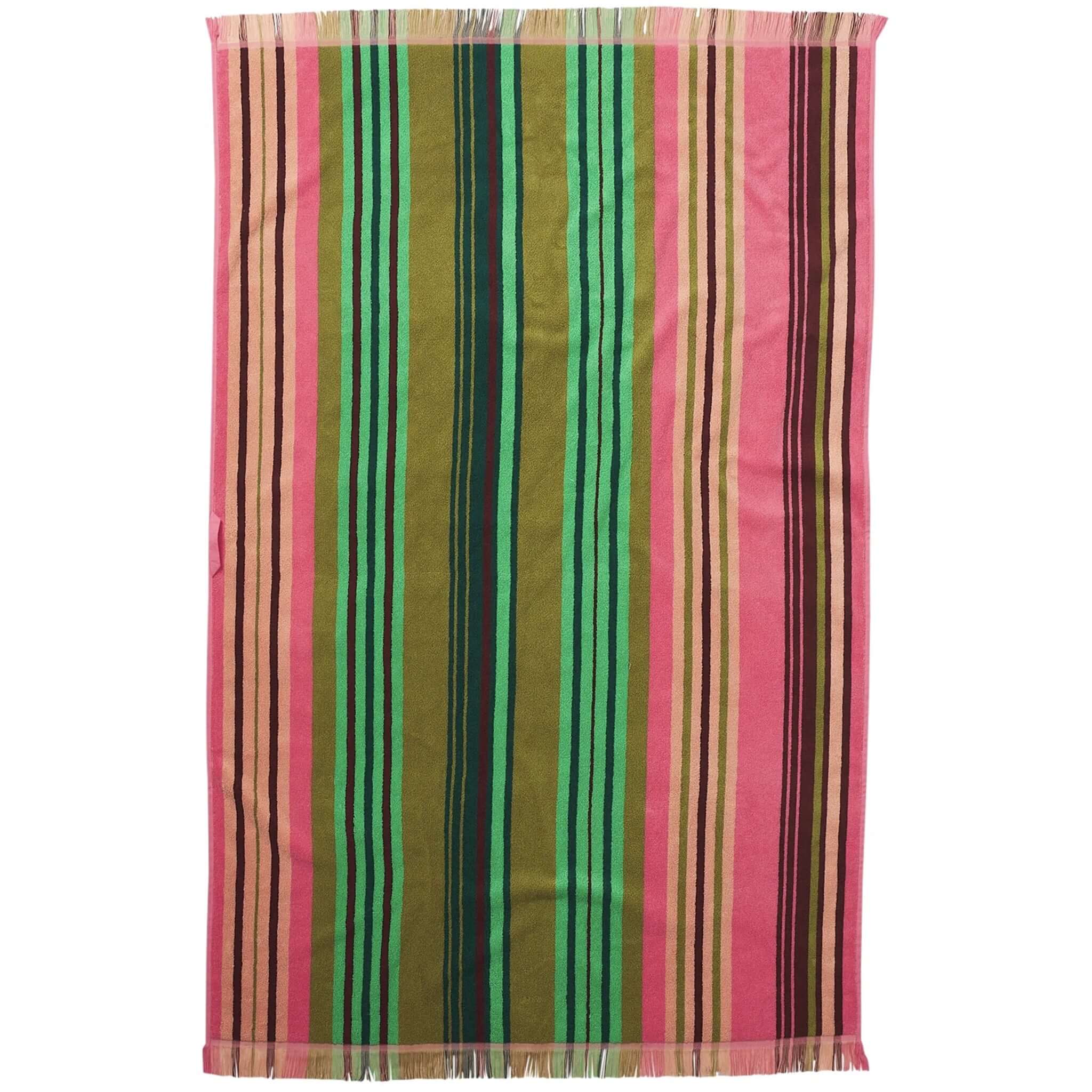 Alt Tag: Sage x Clare Nicolette Bath Sheet - Juniper colourful striped bath towel with plush absorbent terry, lightweight quick-dry luxury