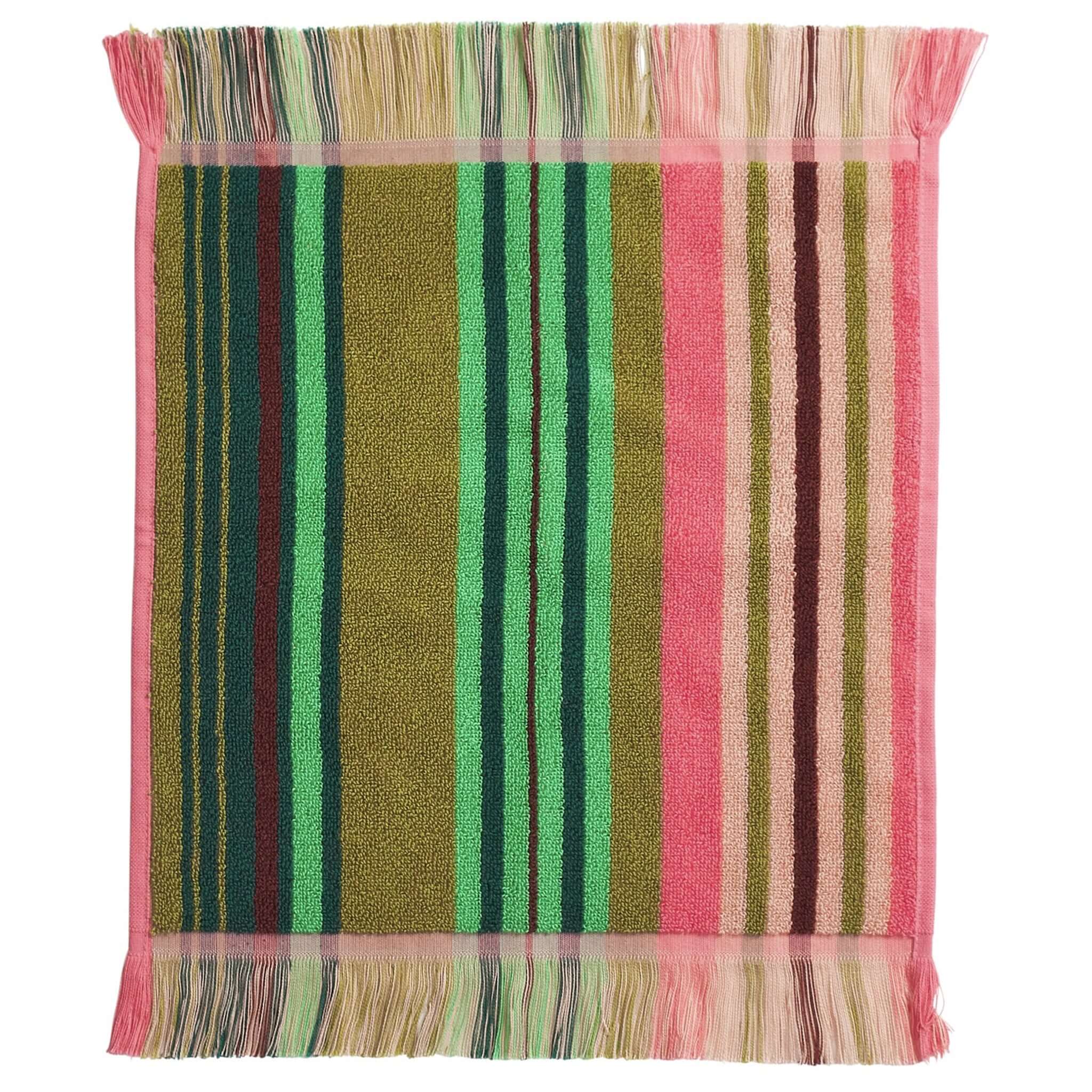 Alt Tag: Sage x Clare Nicolette Face Washer Set - Juniper striped terry face washer with fringed edges, soft absorbent towel
