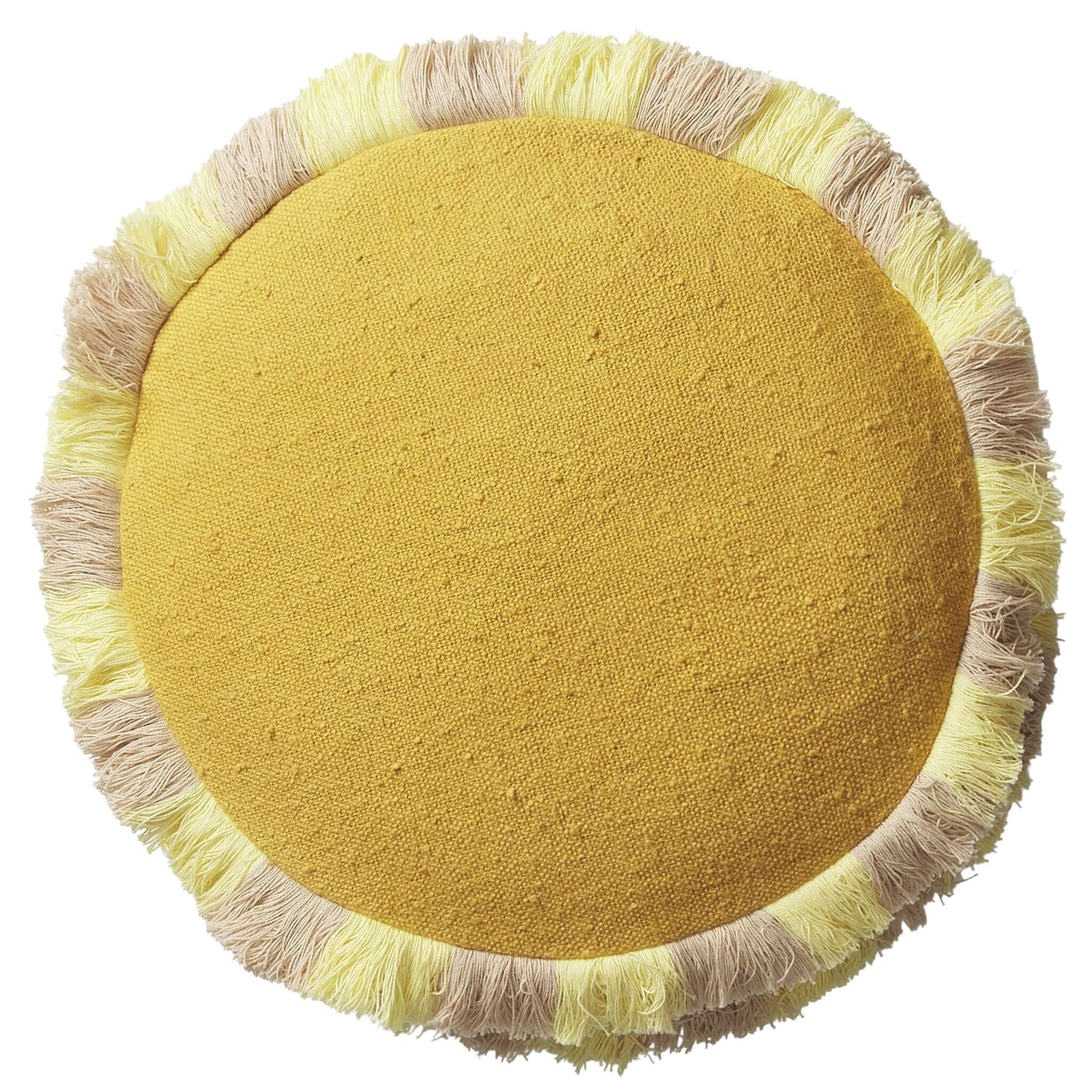 Sage x Clare Reese Round Cushion - Ochre with yellow and blush fringe, adding a playful touch to any decor.