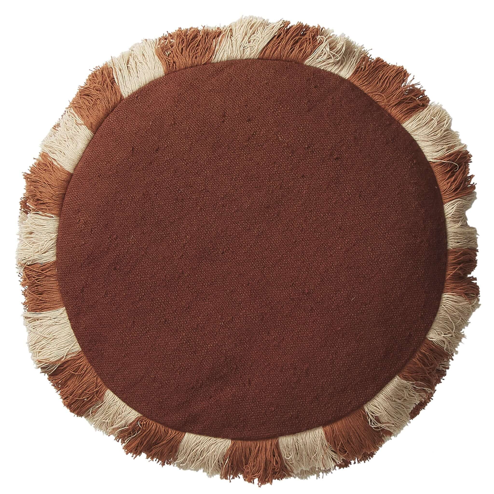 Sage x Clare Reese Round Cushion - Umber with textured umber cotton front and playful two-tone rust and cream fringe.