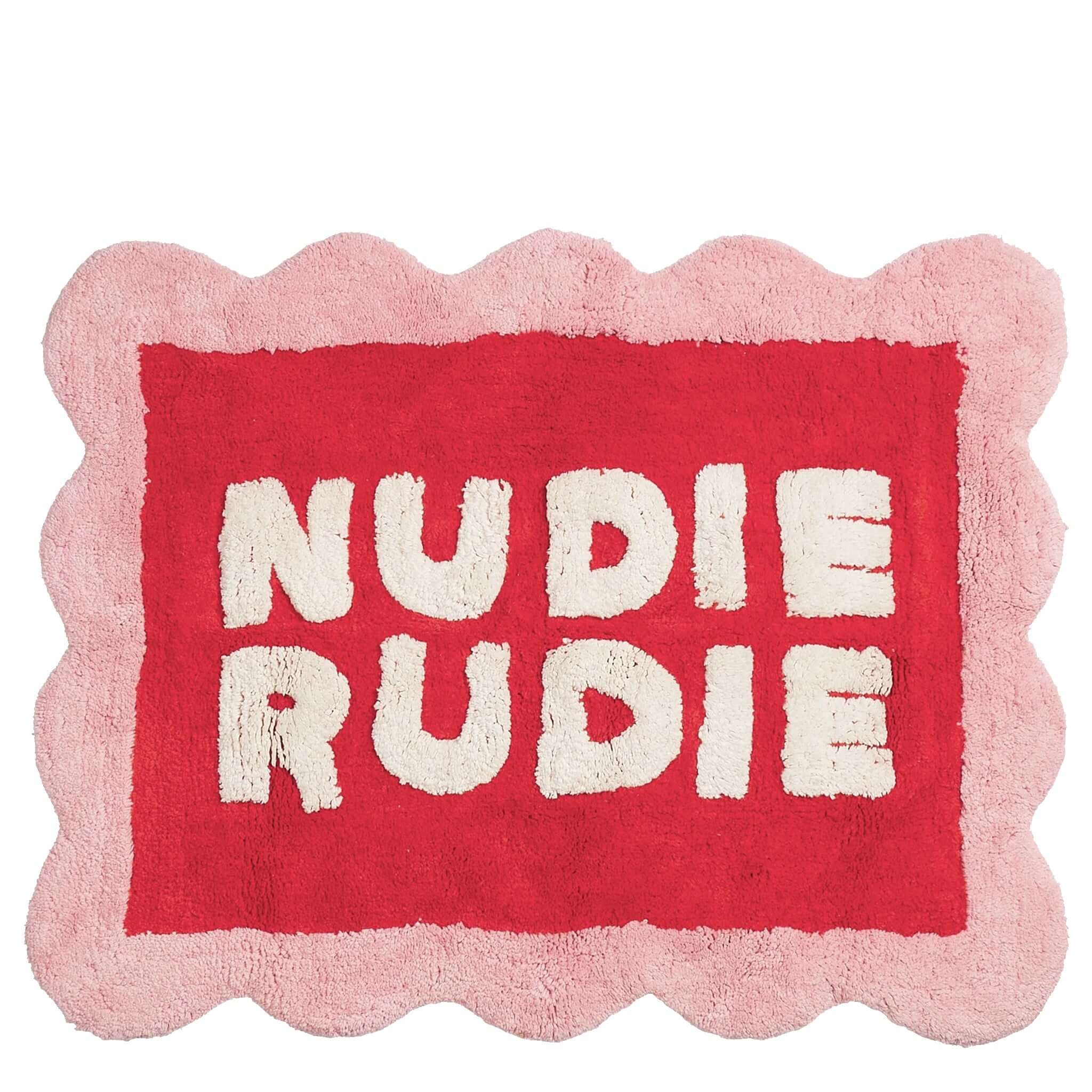 Sage x Clare Romy Nudie Bath Mat - Poppy with red background and cream lettering.
