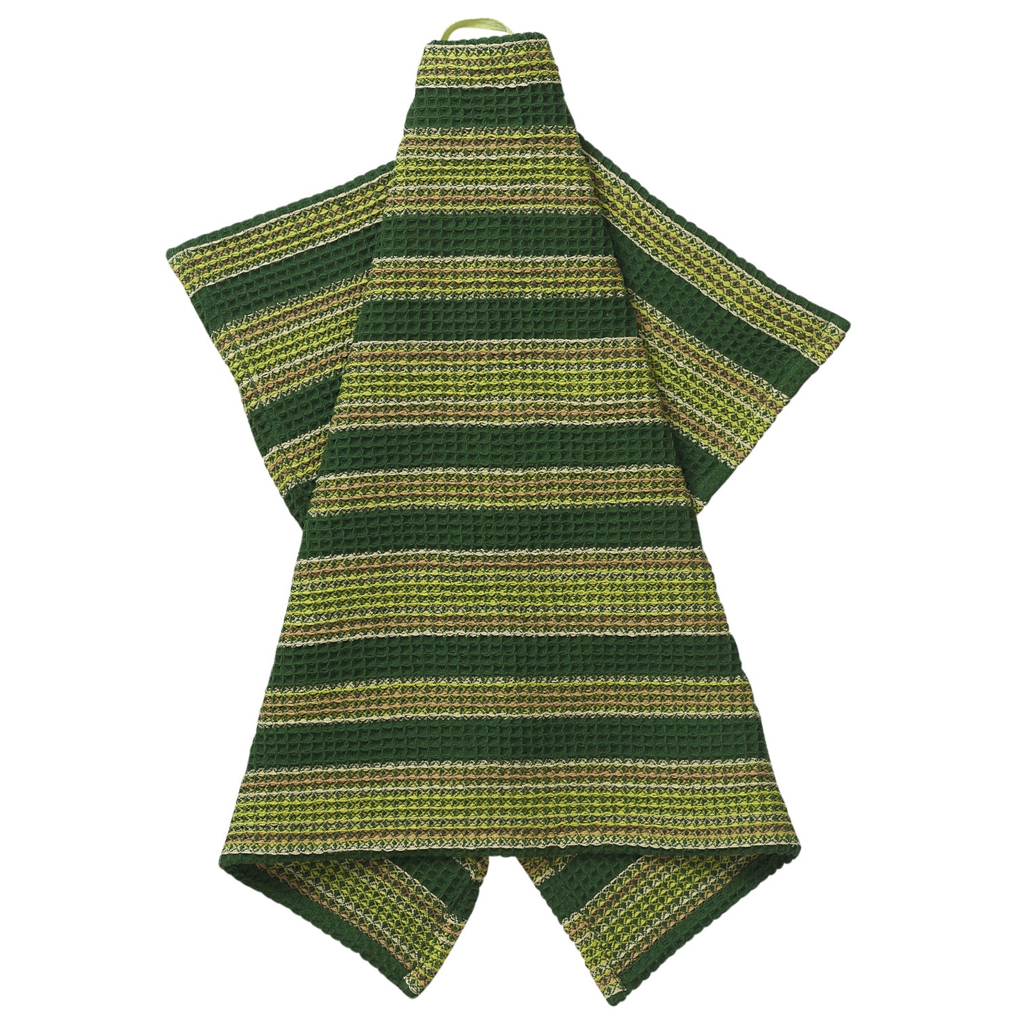 Green and yellow striped tea towel on a white background