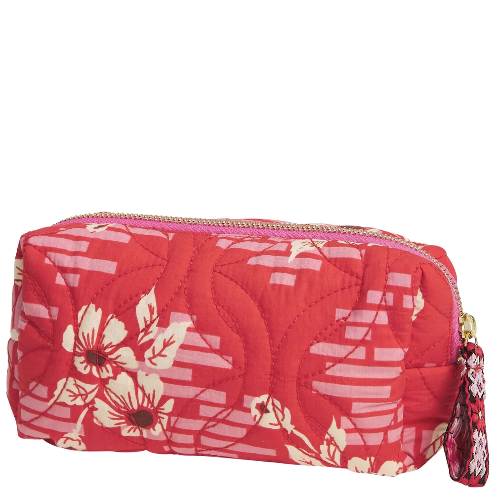 Alt Tag: Sage x Clare Travel Pouch - Marta Vermillion lightly quilted cotton travel pouch with floral print and tassel zip, 20x10x6cm