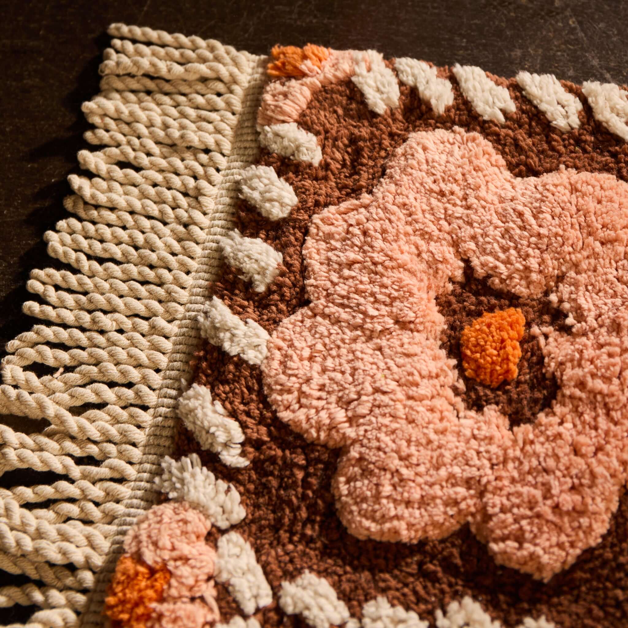 Sage x Clare Billy Bath Runner with peach flowers and knotted fringe, crafted from organic cotton.