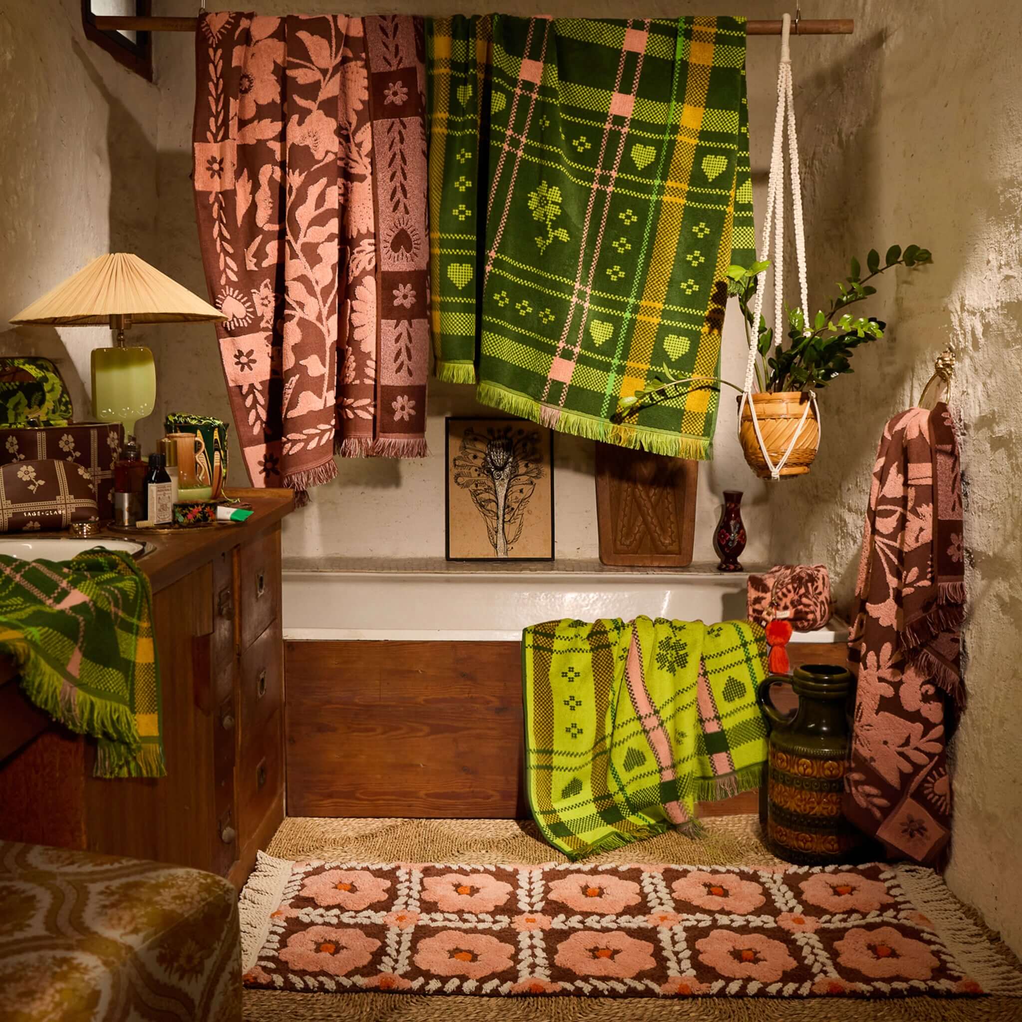 Sage x Clare Billy Bath Runner displayed in a cozy bathroom setting with vibrant towels and decor.