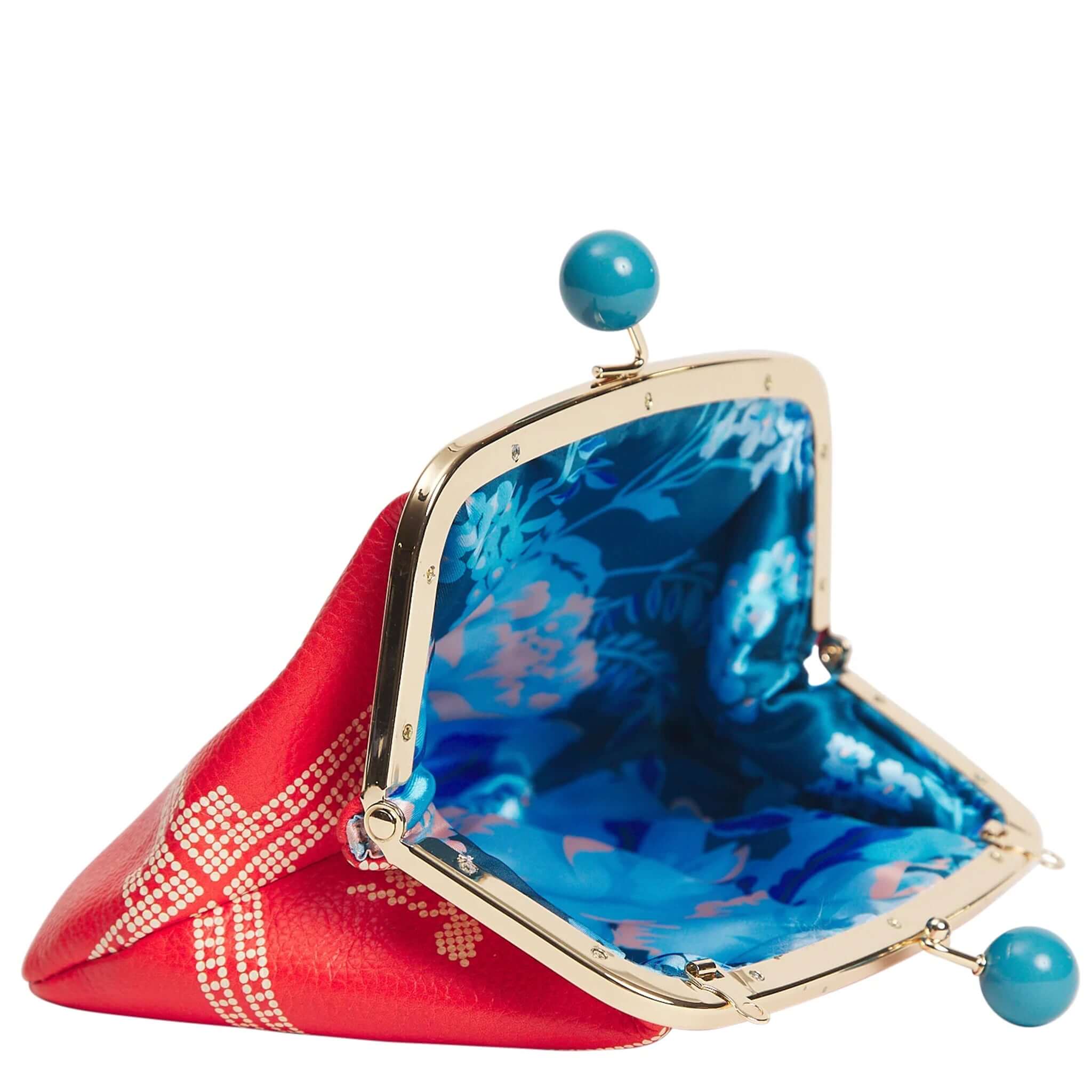 Sage x Clare Bonny Large Purse - Poppy showing vibrant red exterior and blue floral interior.