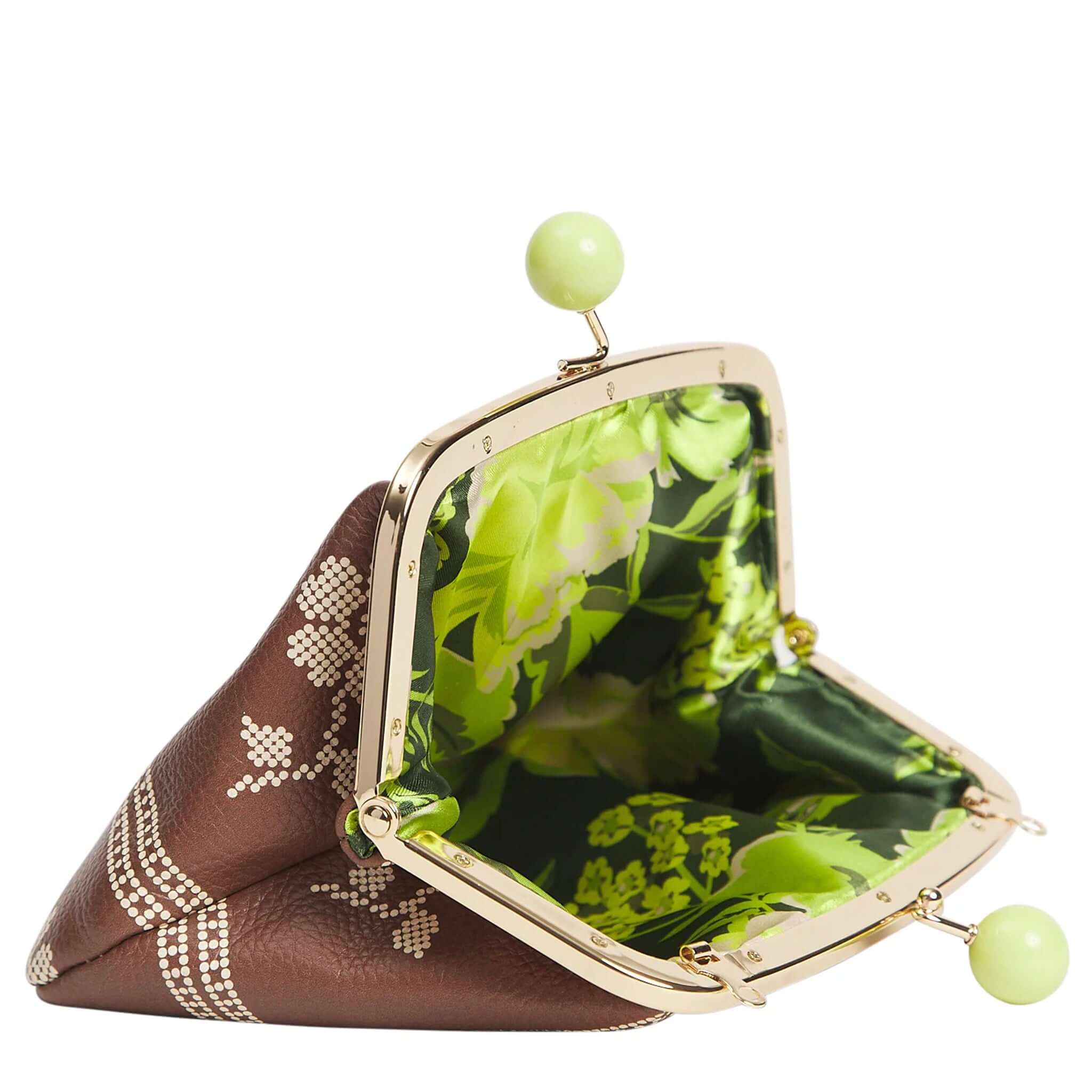 Sage x Clare Bonny Large Purse - Umber showing its spacious interior with vibrant green lining and playful bobble clasp.