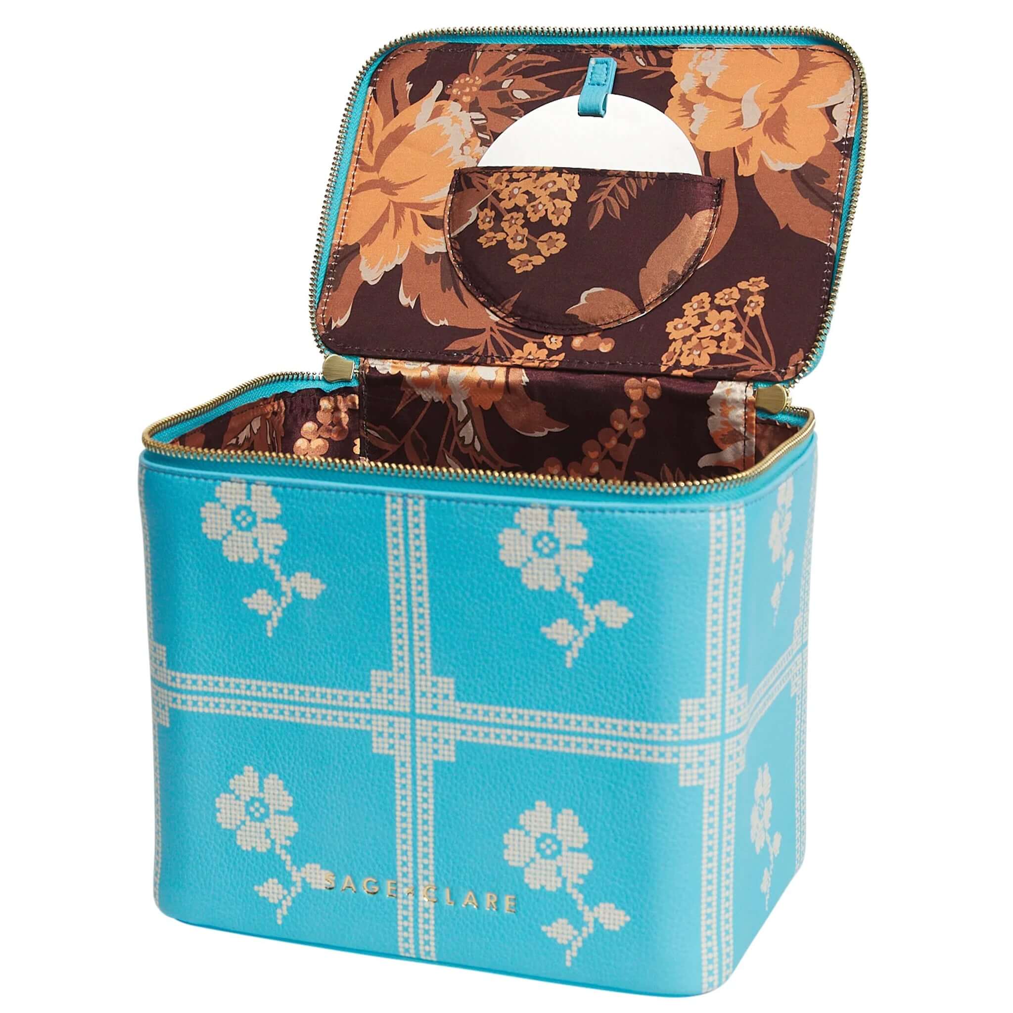 Sage x Clare Bonny Medium Vanity Case - Turquoise with floral interior and gold zip hardware.