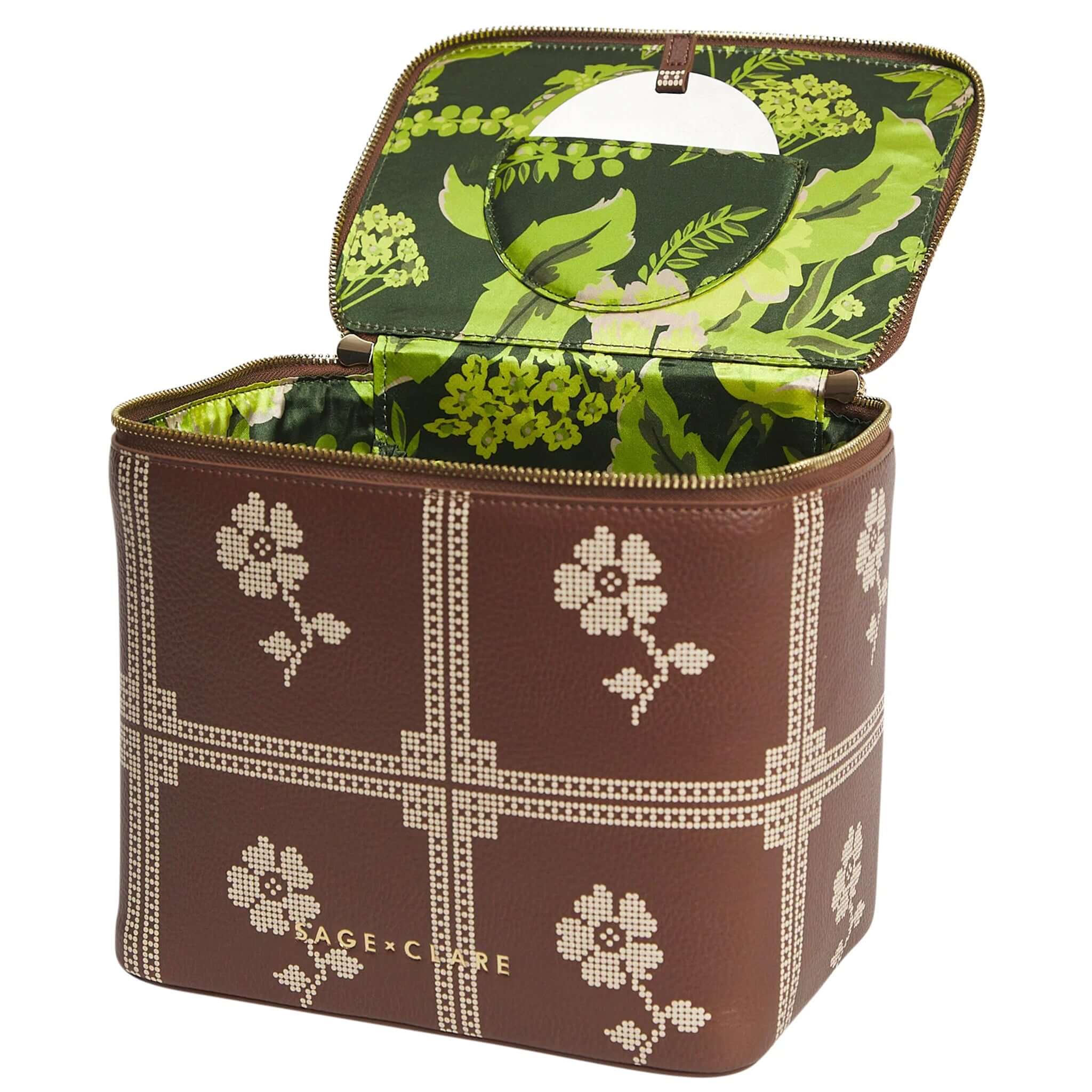 Sage x Clare Bonny Medium Vanity Case - Umber; stylish brown vanity case with green floral interior.