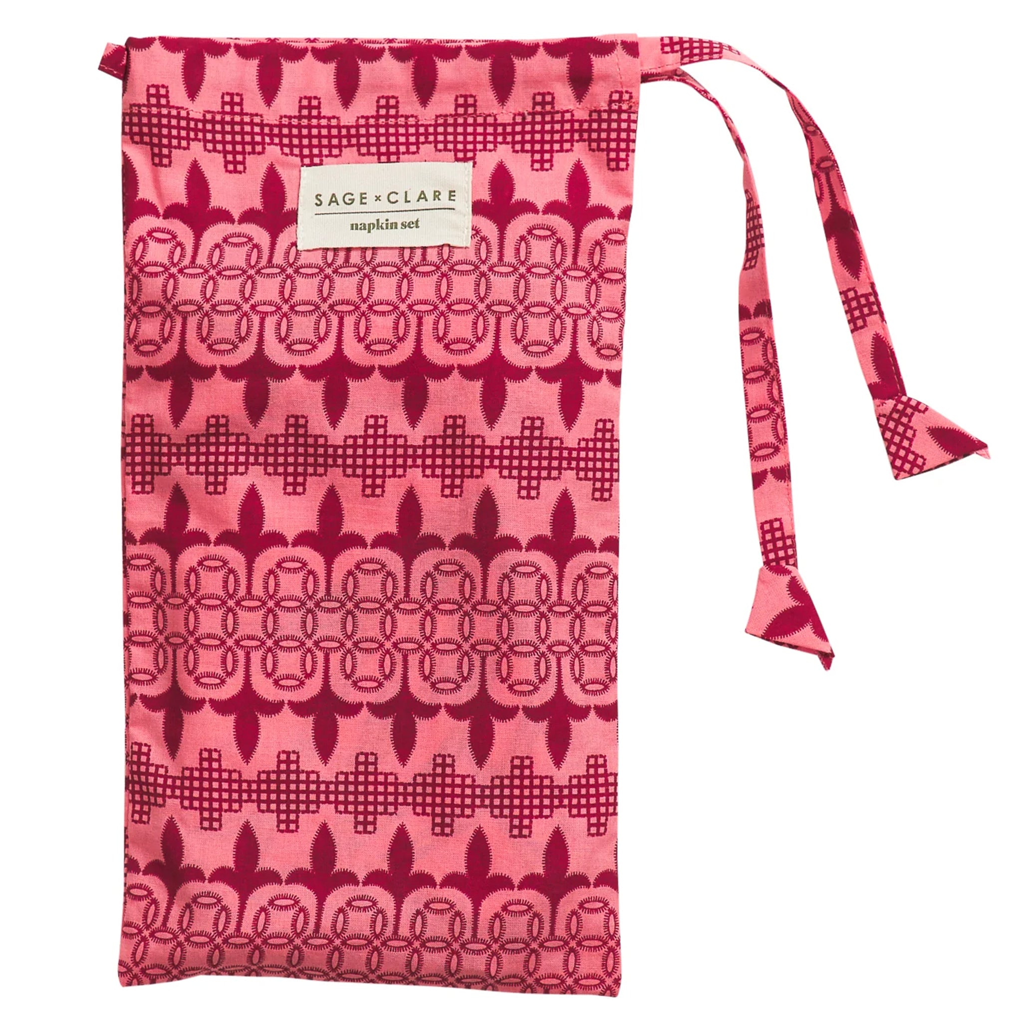 Pink drawstring bag with geometric pattern and Sage & Clare label on a white background
