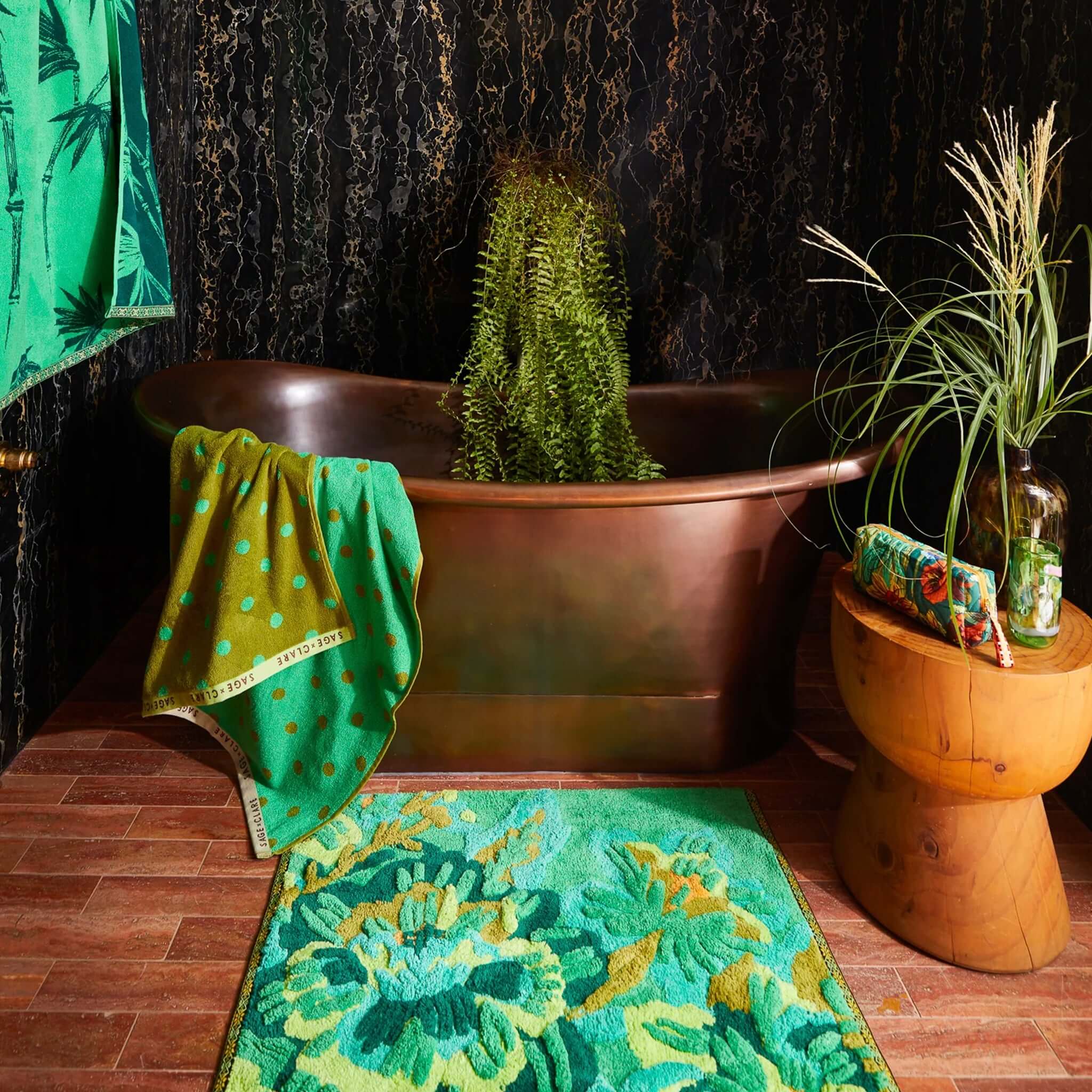Alt Tag: Sage x Clare Eliza Bath Mat - Spring Green in bathroom with bold green floral design, plush organic cotton absorbent bath mat