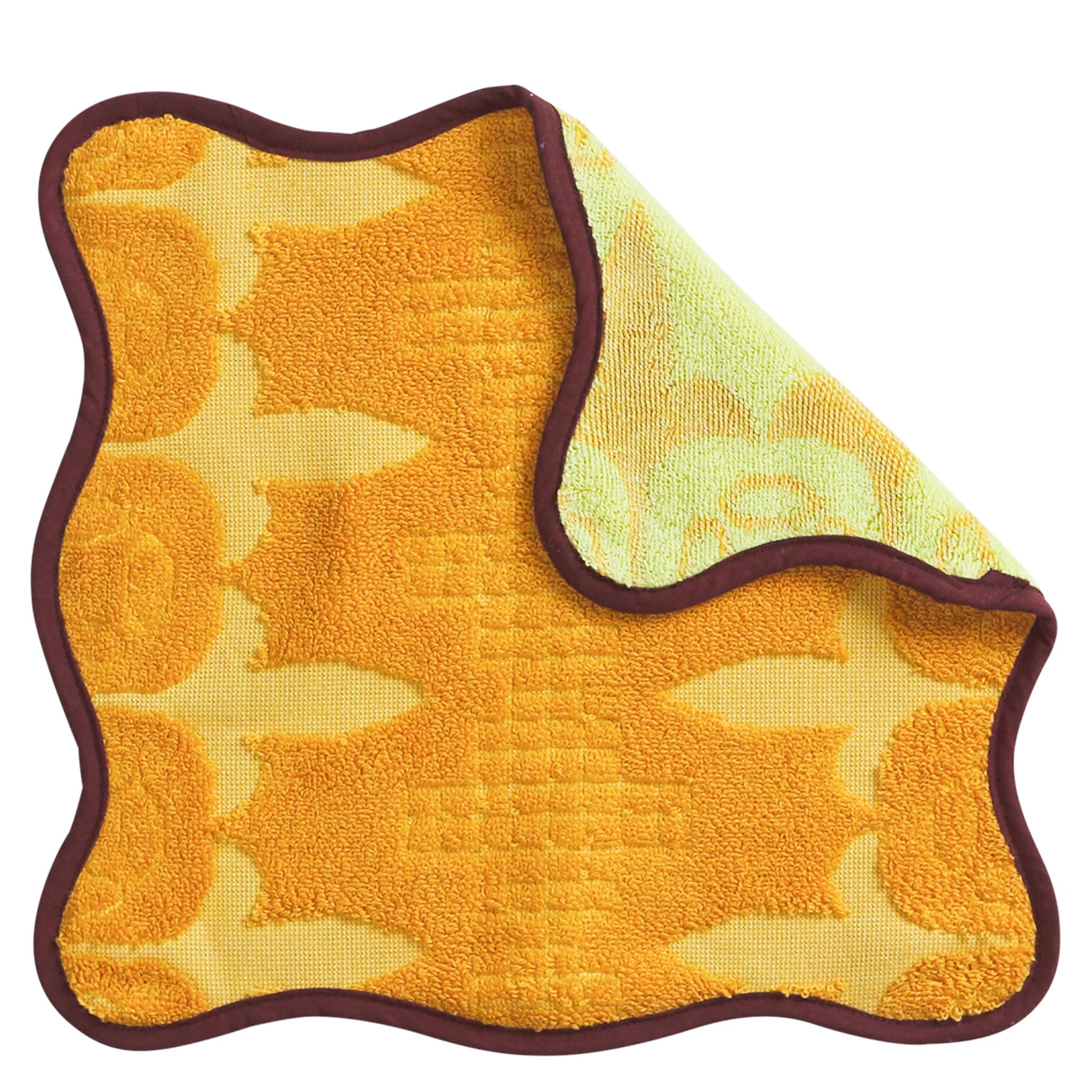 Yellow textured face cloth with brown border on a white background