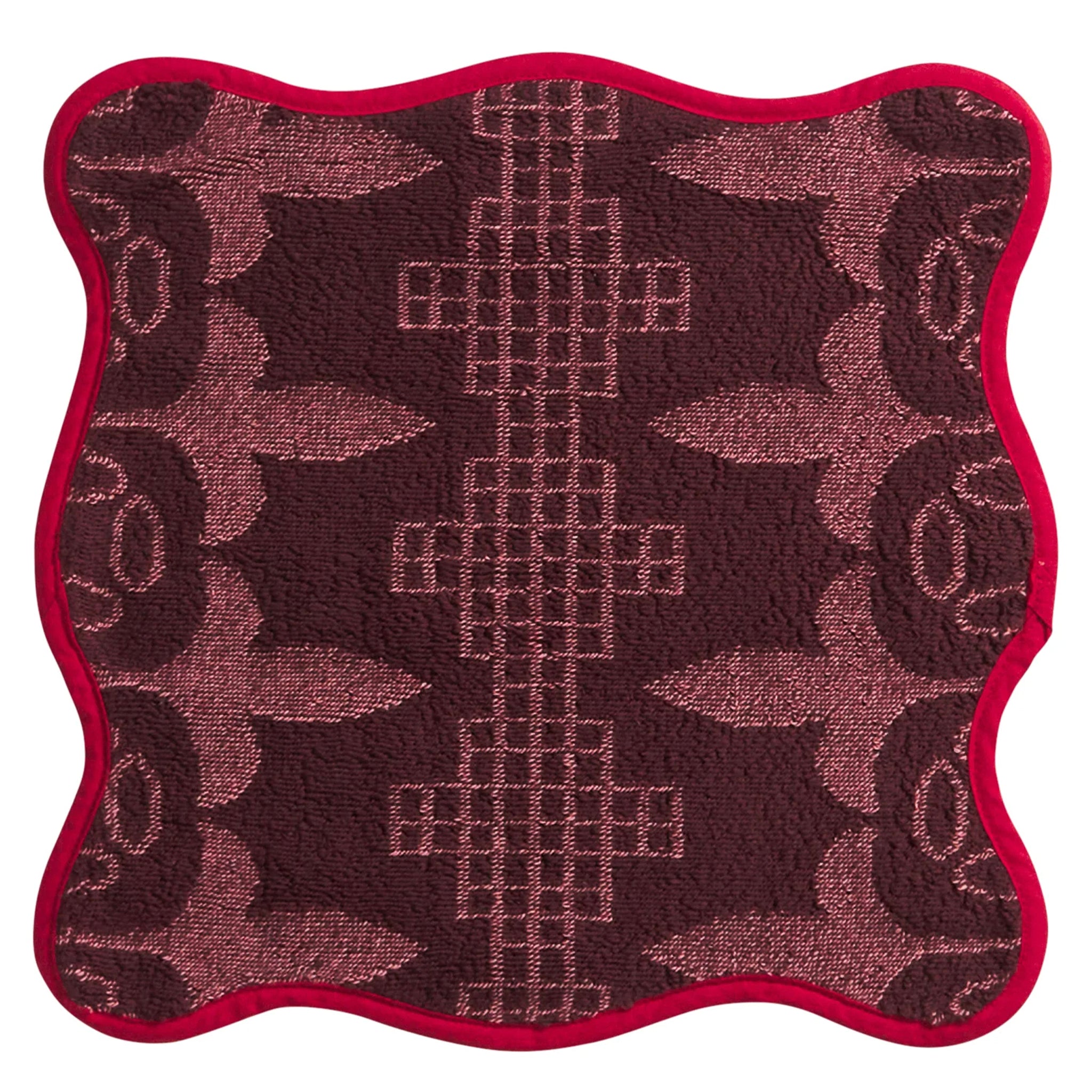 Pink textured wash cloth with red border on a white background