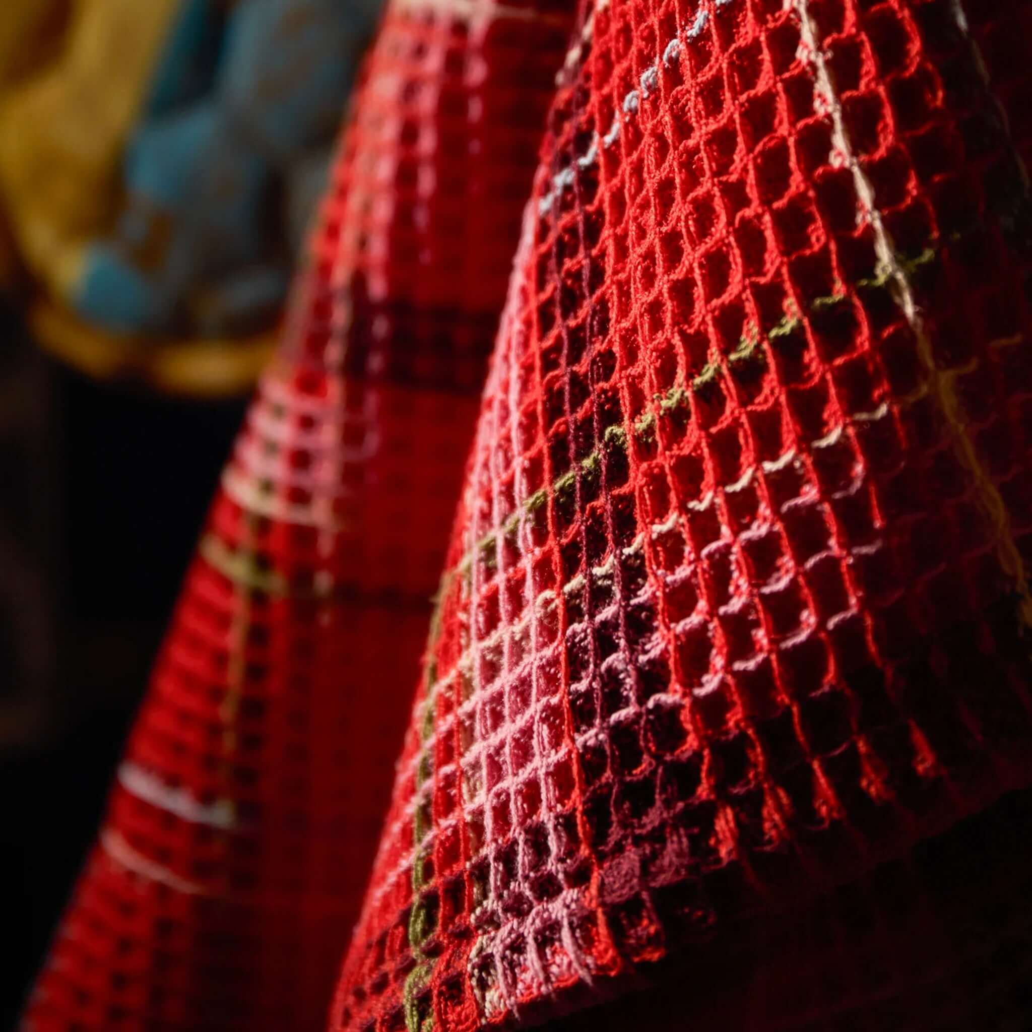 Sage x Clare Frances Organic Cotton Waffle Tea Towel - Poppy in a vibrant red plaid design with textured waffle weave.