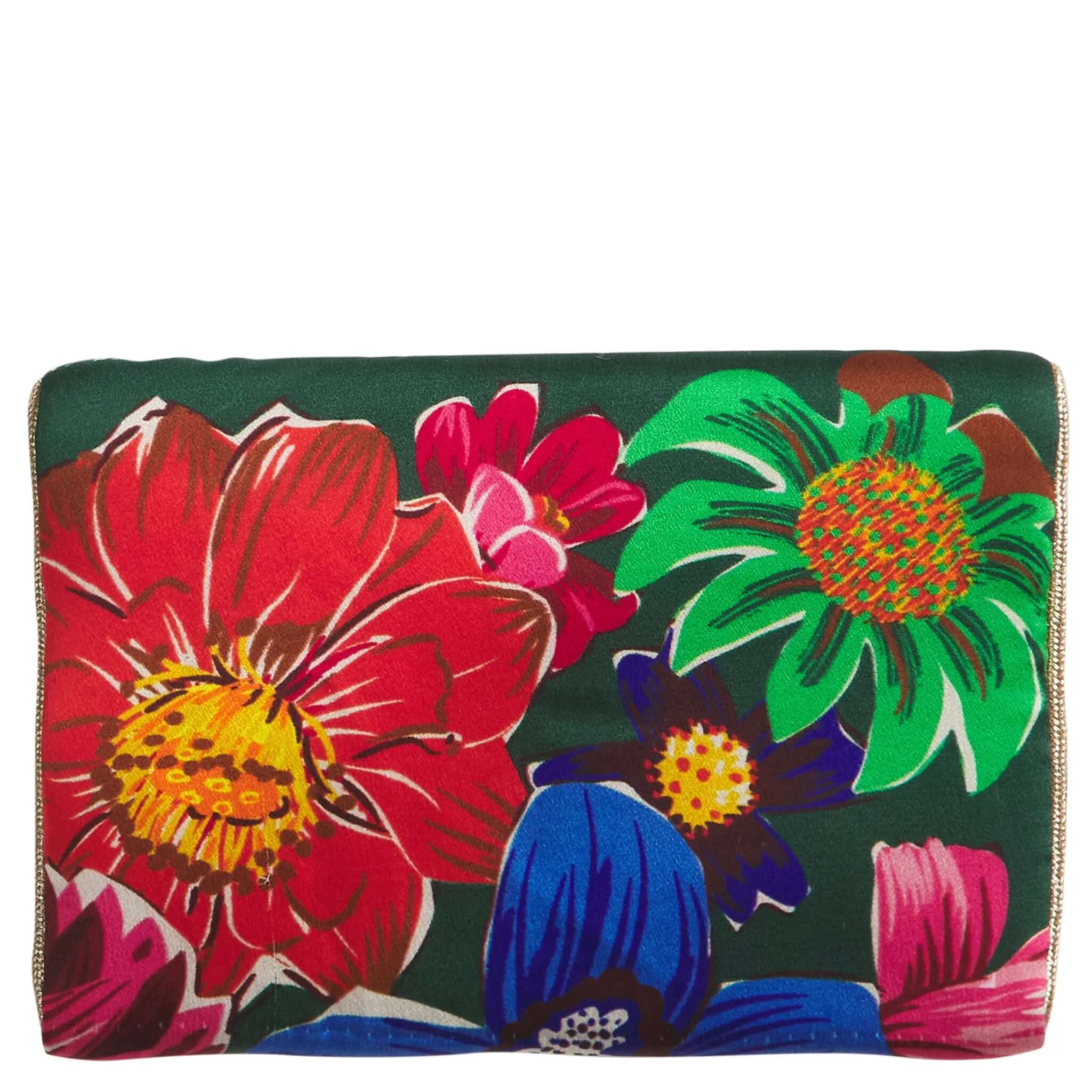 Alt Tag: Sage x Clare Ines Silk Pouch - Verdant organic silk quilted pouch with vibrant floral print, compact essentials zipper bag