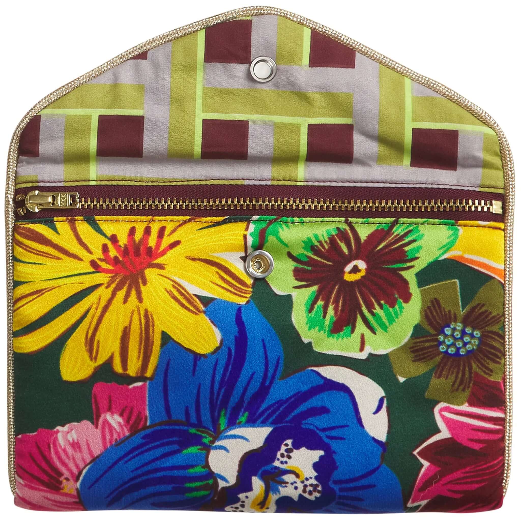 Alt Tag: Sage x Clare Ines Silk Pouch - Verdant quilted organic silk pouch with bold floral print and zip closure