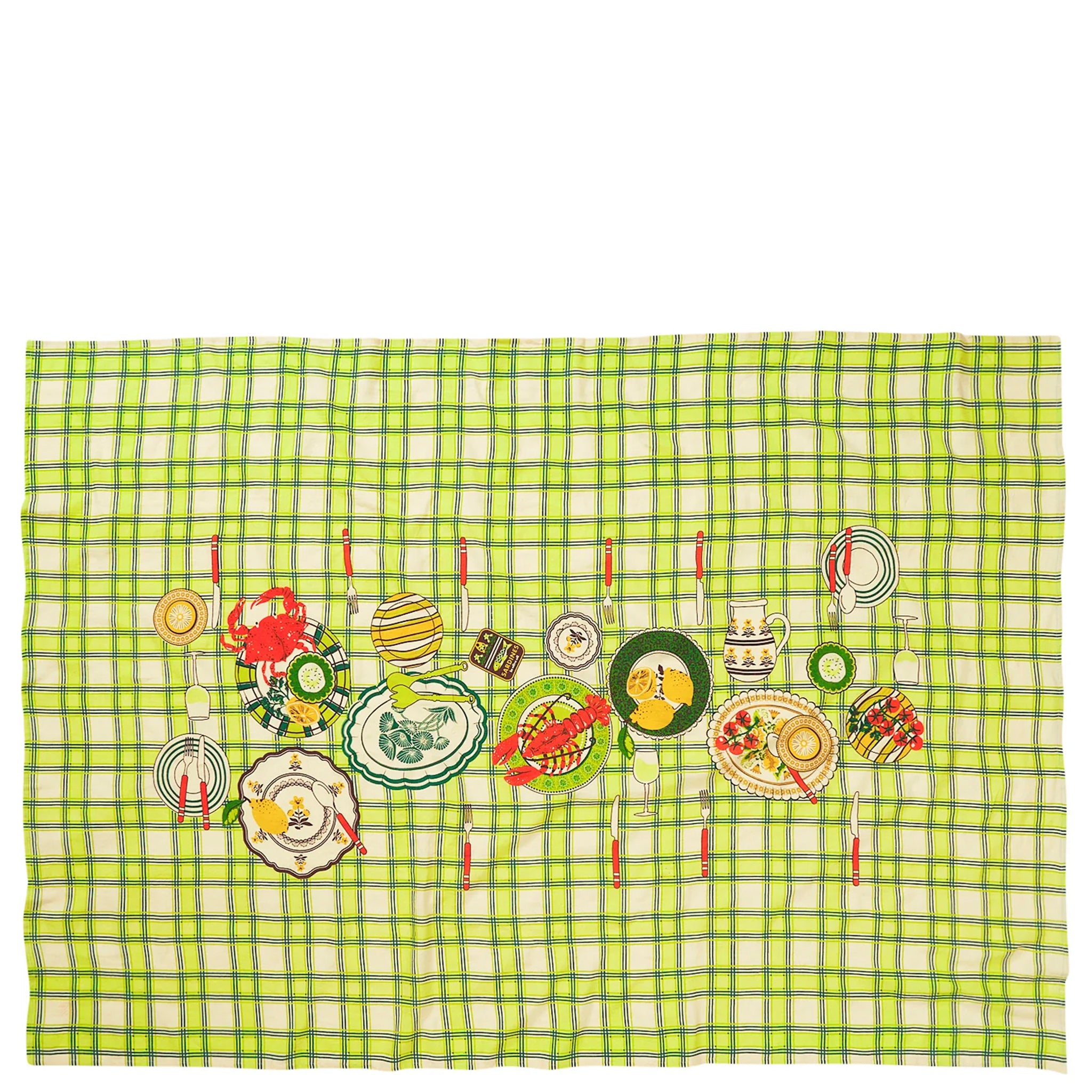 Tablecloth with green and white checkered pattern featuring illustrations of food and cutlery on a white background.