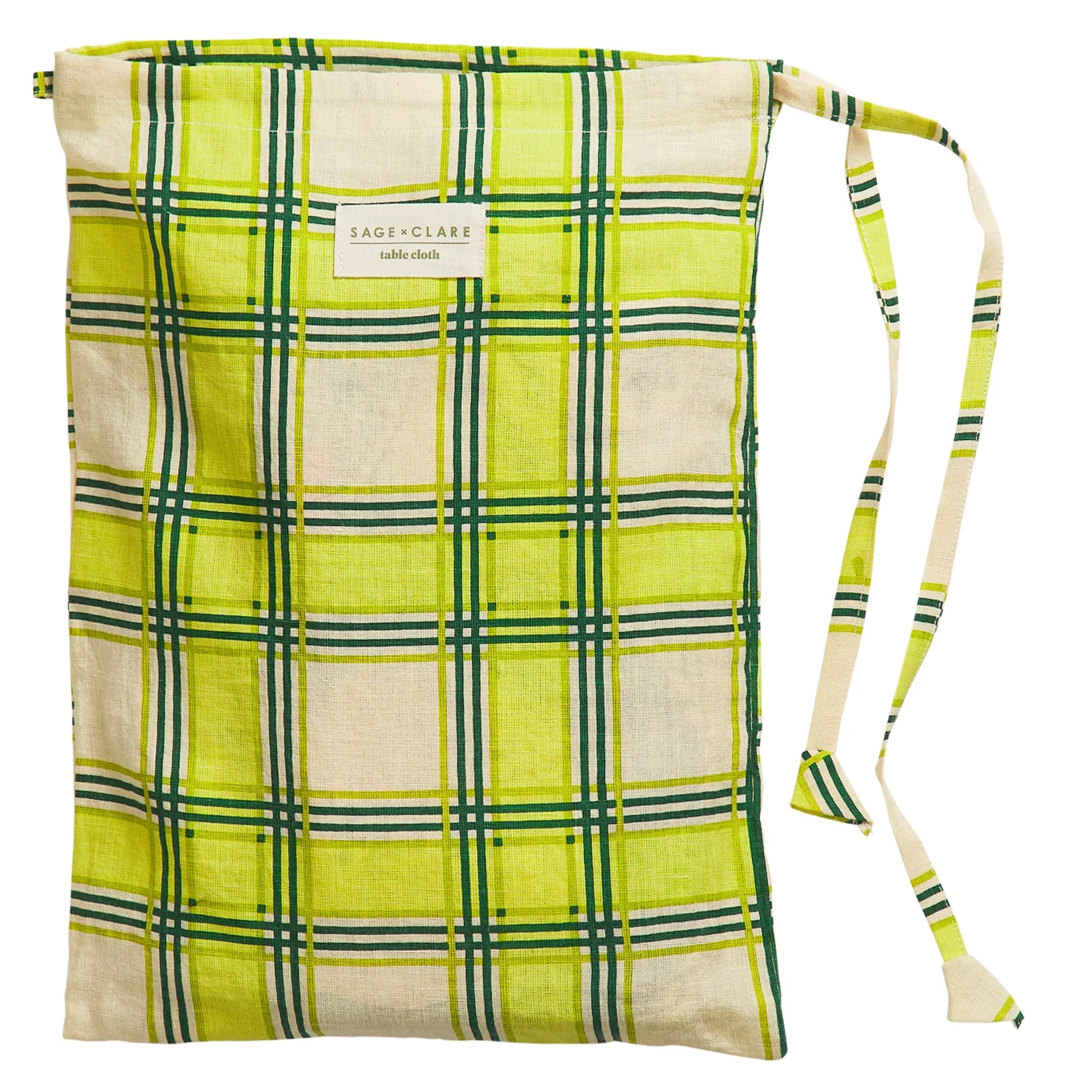 Green and white plaid tablecloth with drawstring packaging on a white background