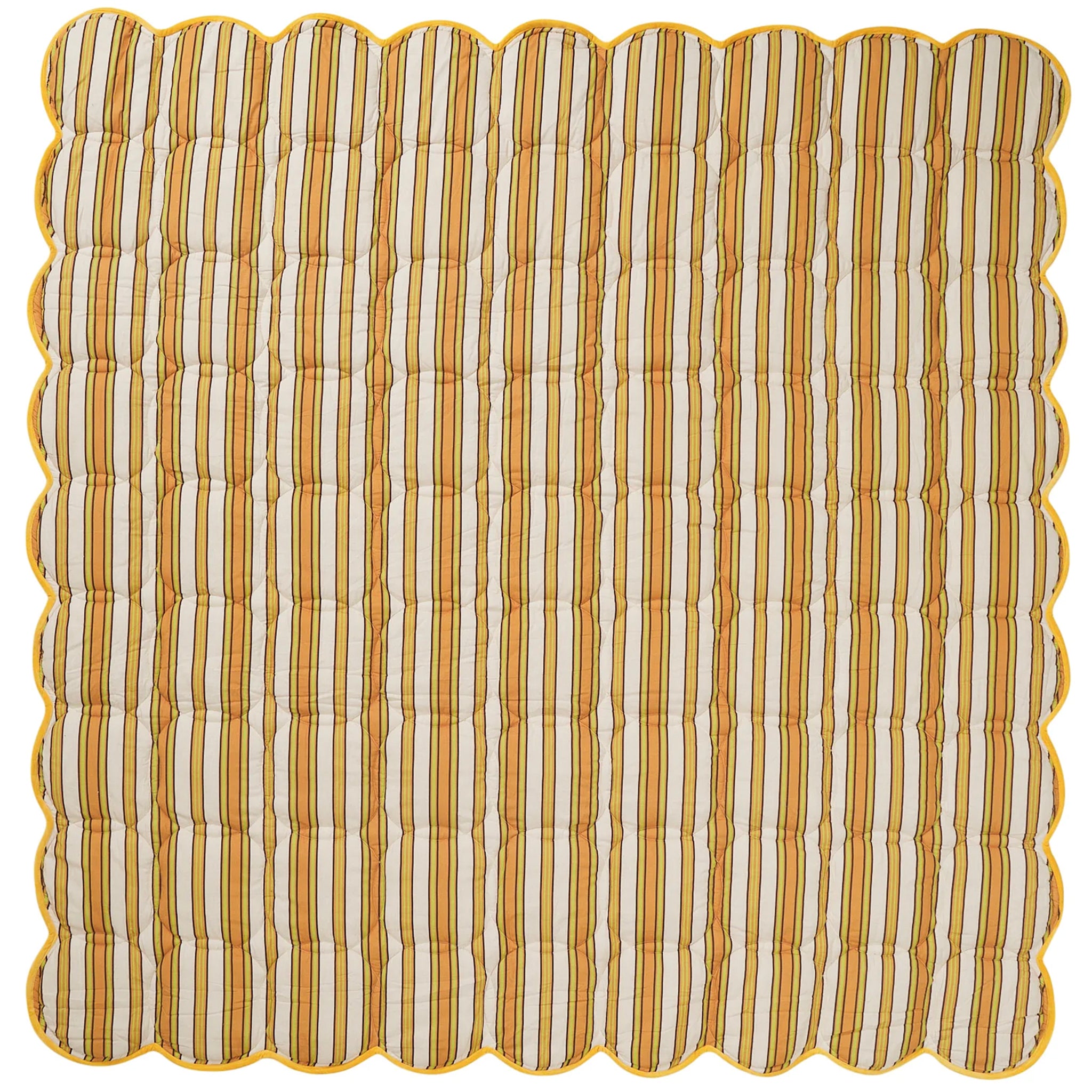 Striped quilt with scalloped edge in yellow and white on a white background