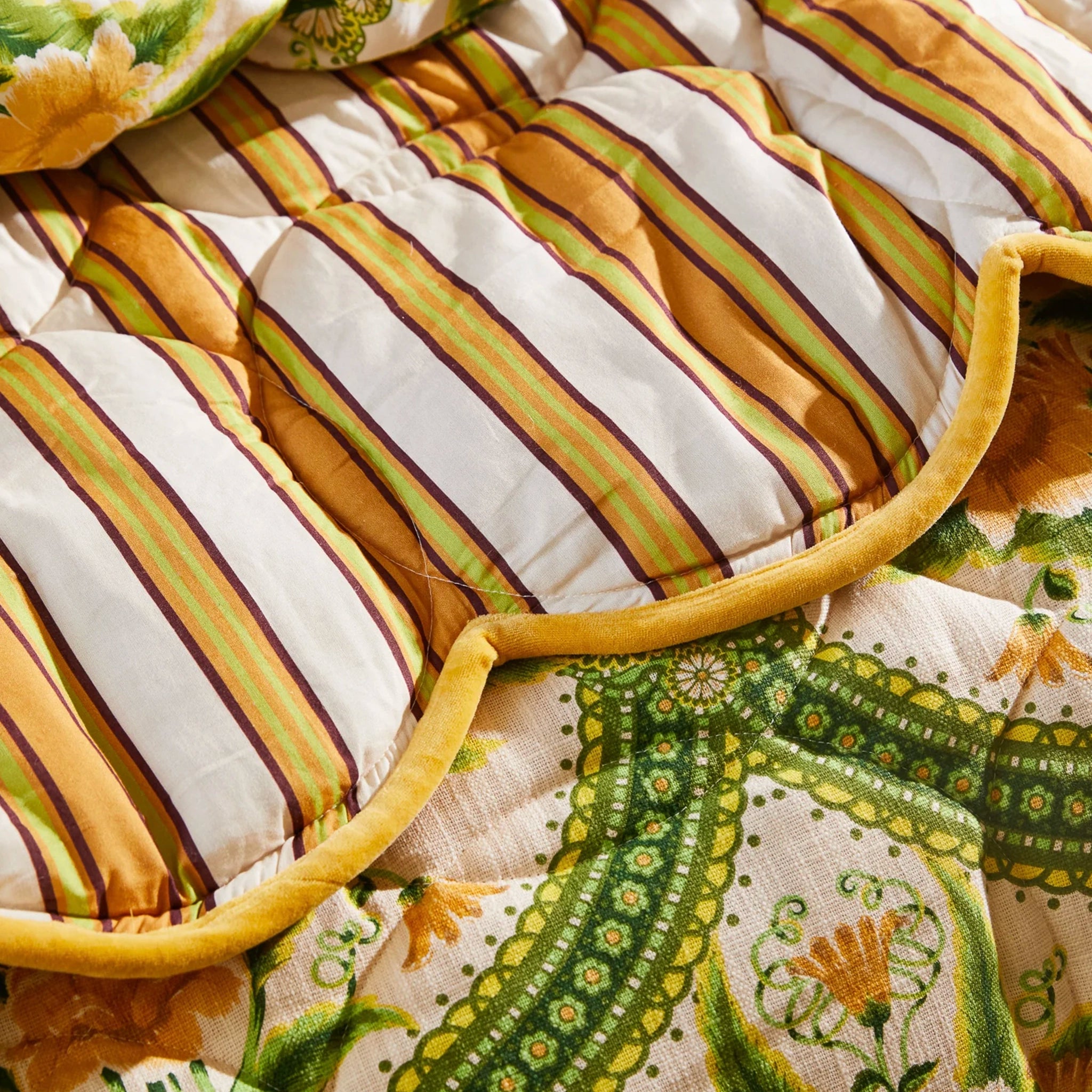 Close-up of a quilt with striped and floral patterns